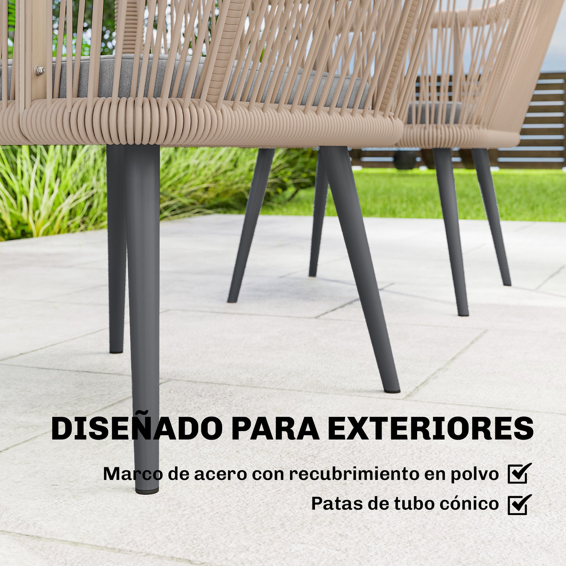Outsunny Juego de 2 Sillas de Jardín Exterior de Ratán, Sillas Terraza Exterior con Cojines, Reposabrazos y Marco de Acero, Resistente a la Intemperie, para Balcón, Terraza, 54x65x80 cm, Gris Claro