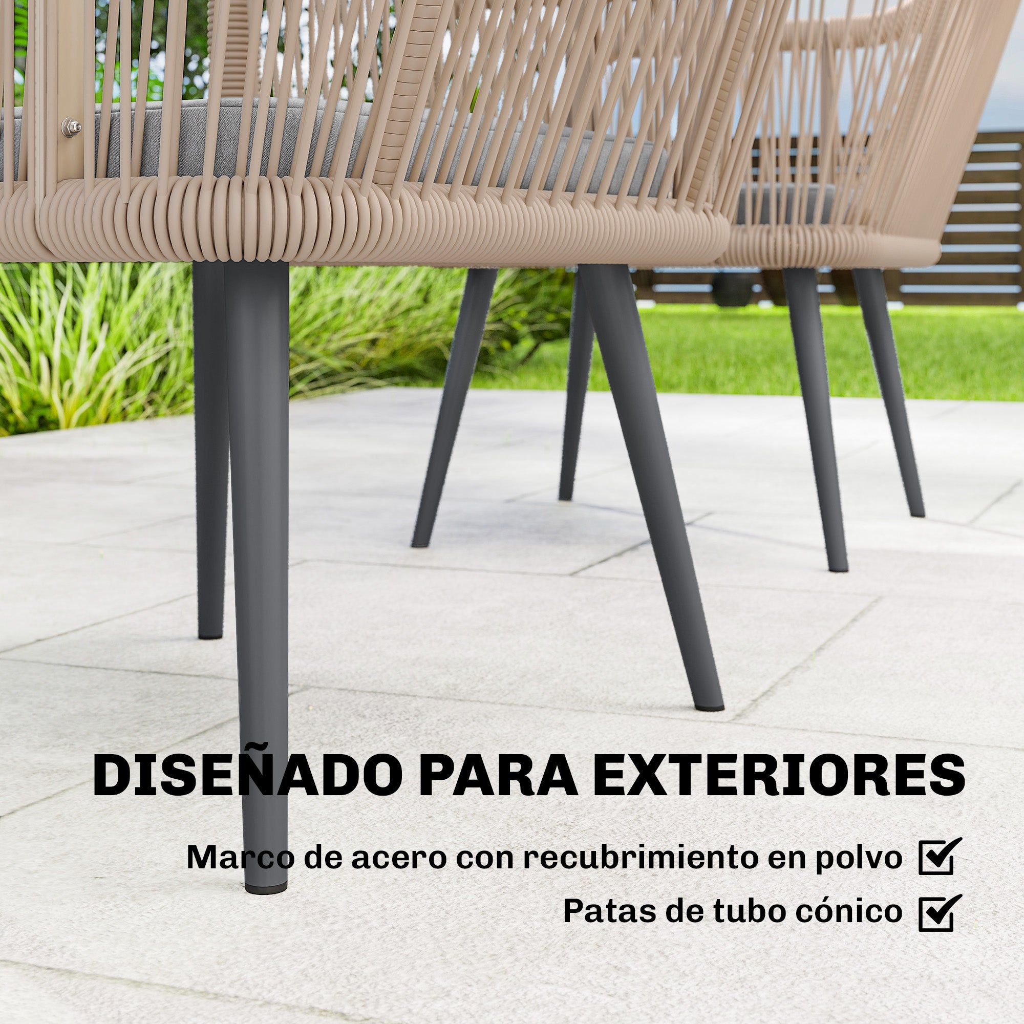 Outsunny Juego de 2 Sillas de Jardín Exterior de Ratán, Sillas Terraza Exterior con Cojines, Reposabrazos y Marco de Acero, Resistente a la Intemperie, para Balcón, Terraza, 54x65x80 cm, Gris Claro