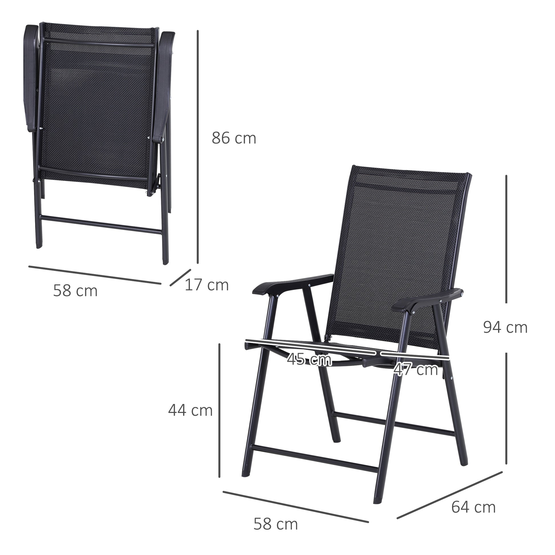 Outsunny Conjunto de 2 Sillas Plegables para Exterior Con Reposabrazos Sillas para Balcones Jardín Terraza Metal Texteline Carga 110 kg 58x64x94 cm Negro