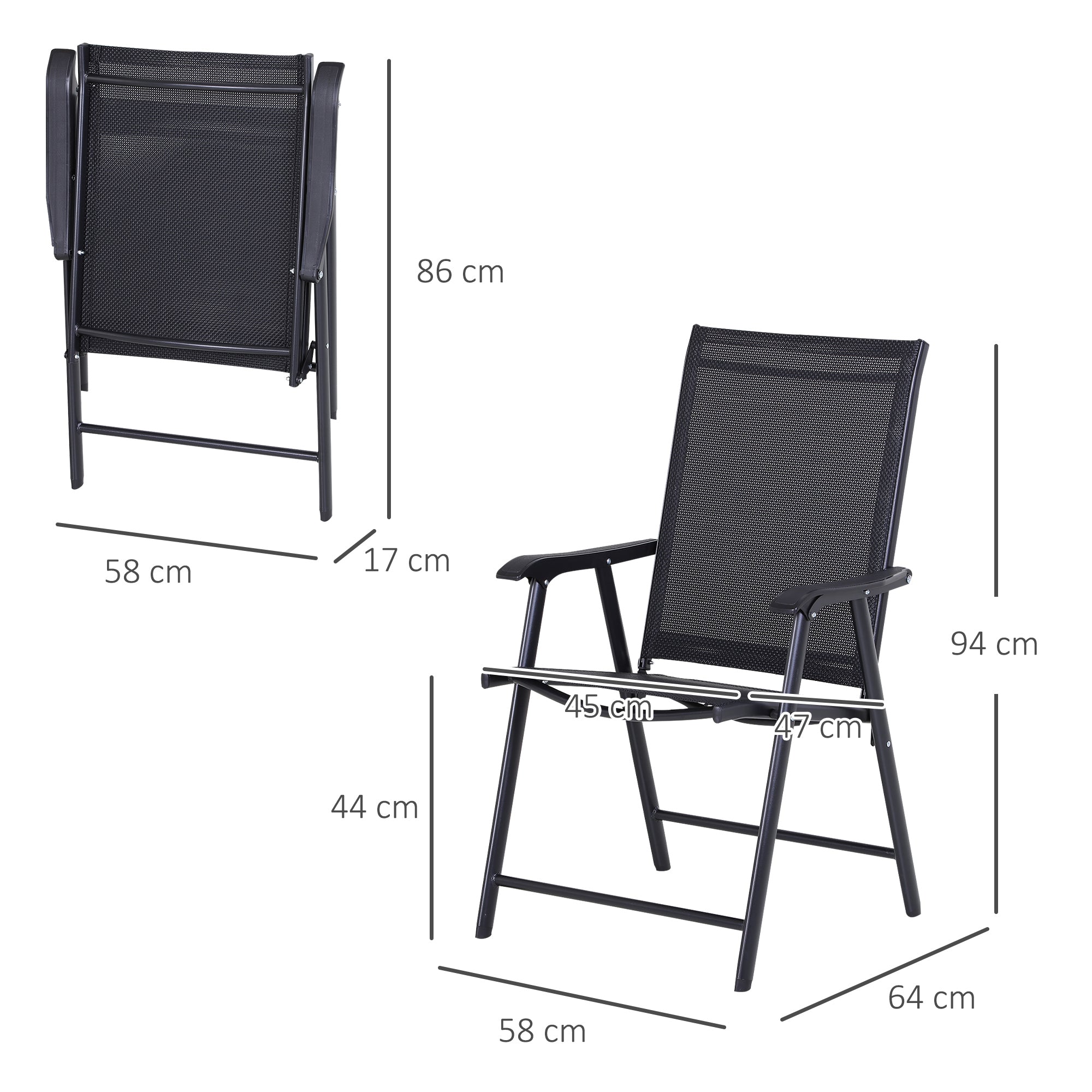 Outsunny Conjunto de 2 Sillas Plegables para Exterior Con Reposabrazos Sillas para Balcones Jardín Terraza Metal Texteline Carga 110 kg 58x64x94 cm Negro