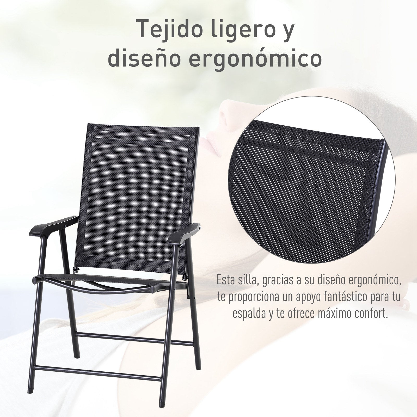 Outsunny Conjunto de 2 Sillas Plegables para Exterior Con Reposabrazos Sillas para Balcones Jardín Terraza Metal Texteline Carga 110 kg 58x64x94 cm Negro