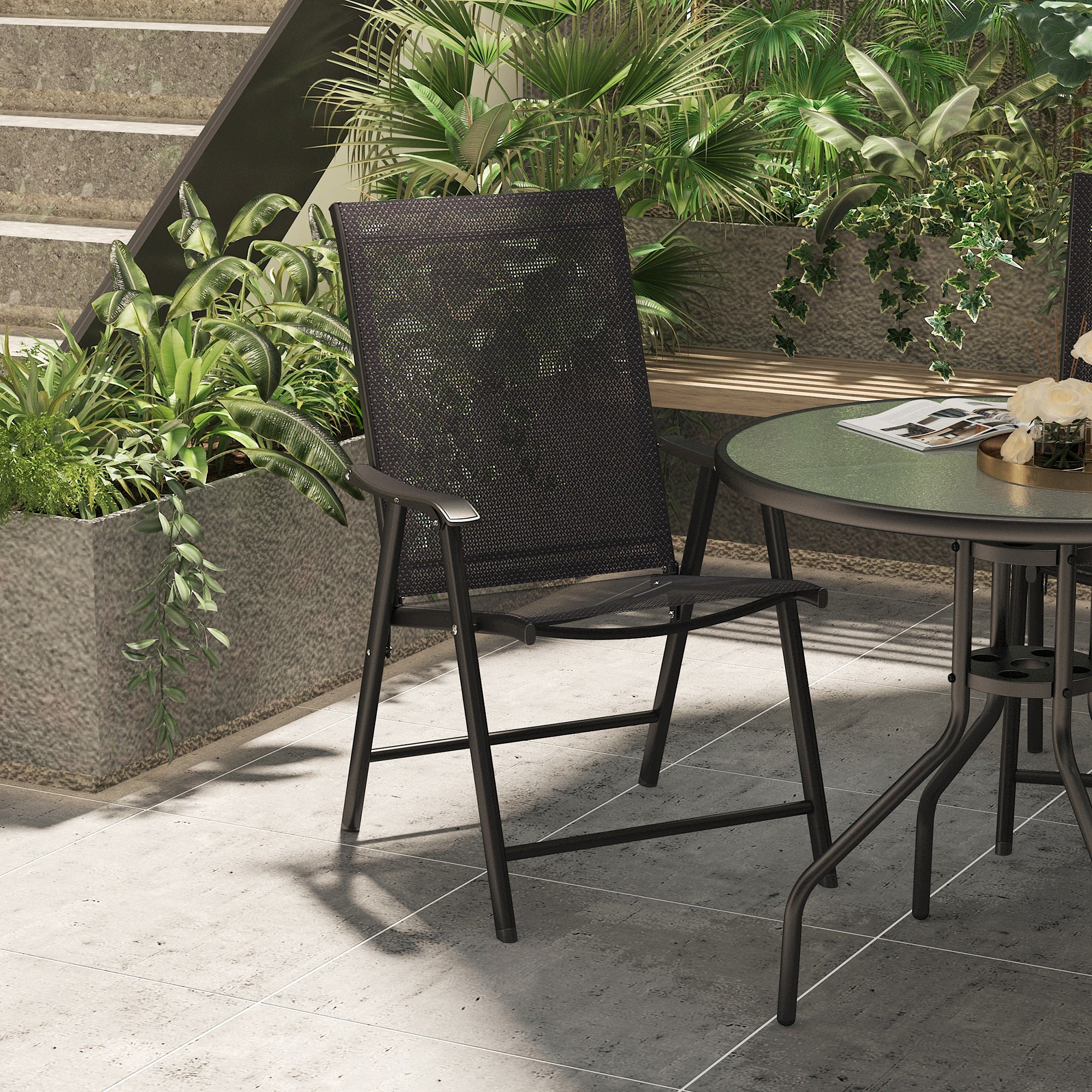 Outsunny Conjunto de 2 Sillas Plegables para Exterior Con Reposabrazos Sillas para Balcones Jardín Terraza Metal Texteline Carga 110 kg 58x64x94 cm Negro