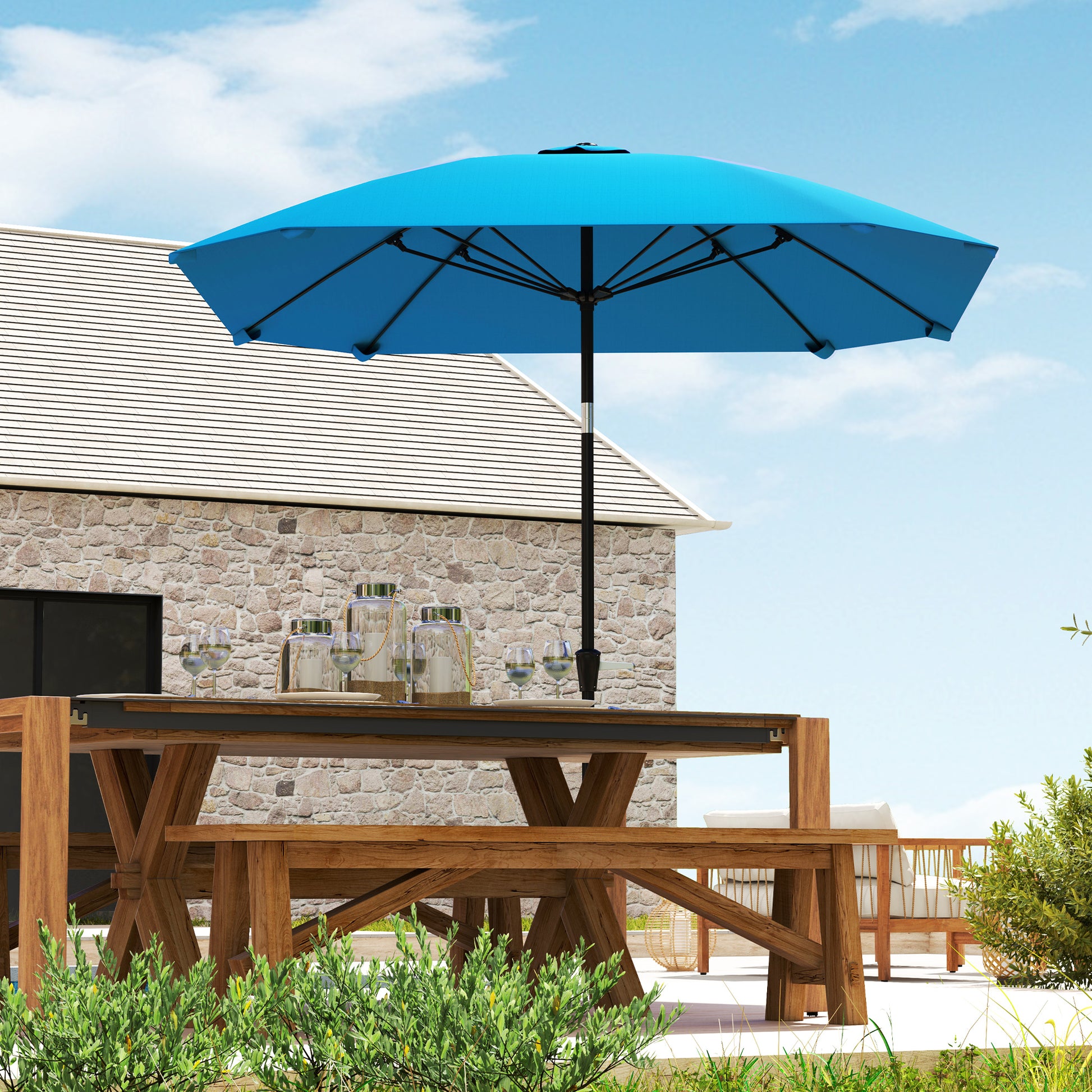 Outsunny Sombrilla Terraza Exterior 233x233 cm Sombrilla de Jardín con Ángulo Ajustable en 2 Posiciones Impermeable Poste de Aluminio Varillas de Fibra de Vidrio y Manivela Parasol para Terraza Azul