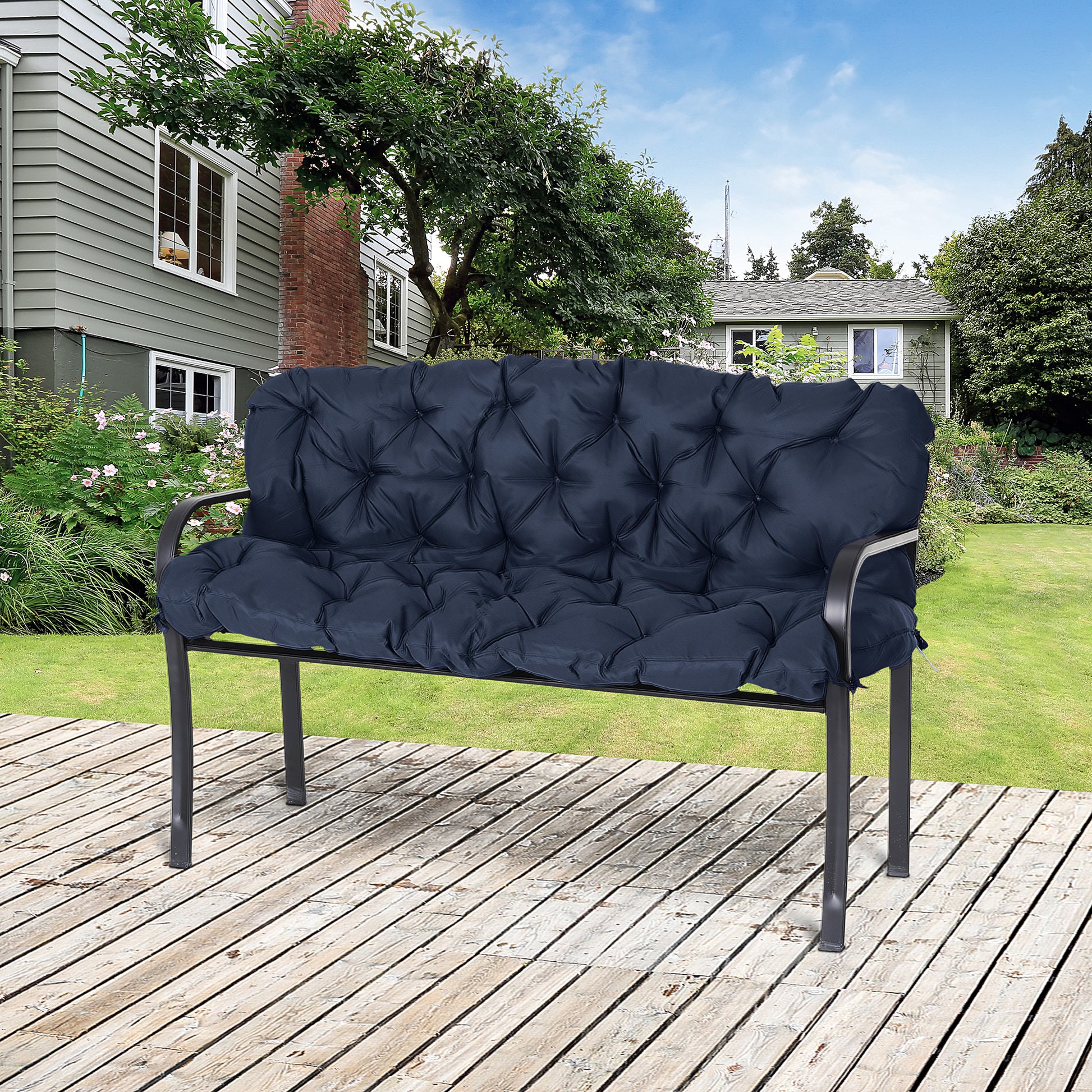 Outsunny Cojín para Banco con Respaldo 150x98x8 cm Colchón de Banco de 3 Plazas con 6 Cordones de Fijación para Jardín Terraza Balcón Exterior Azul