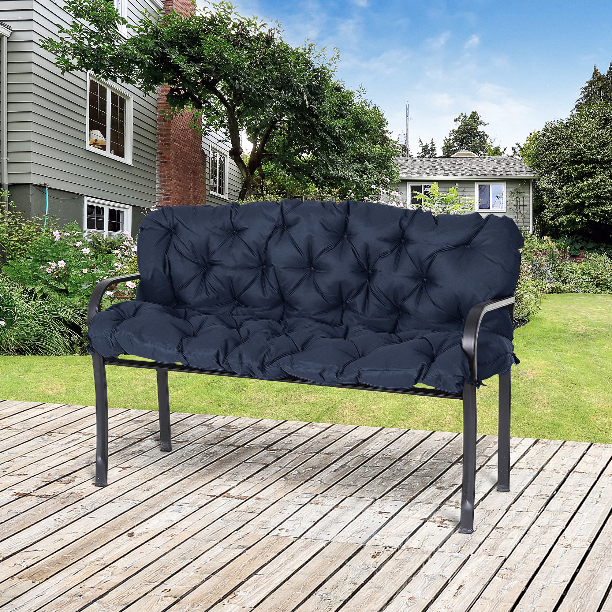 Outsunny Cojín para Banco con Respaldo 150x98x8 cm Colchón de Banco de 3 Plazas con 6 Cordones de Fijación para Jardín Terraza Balcón Exterior Azul
