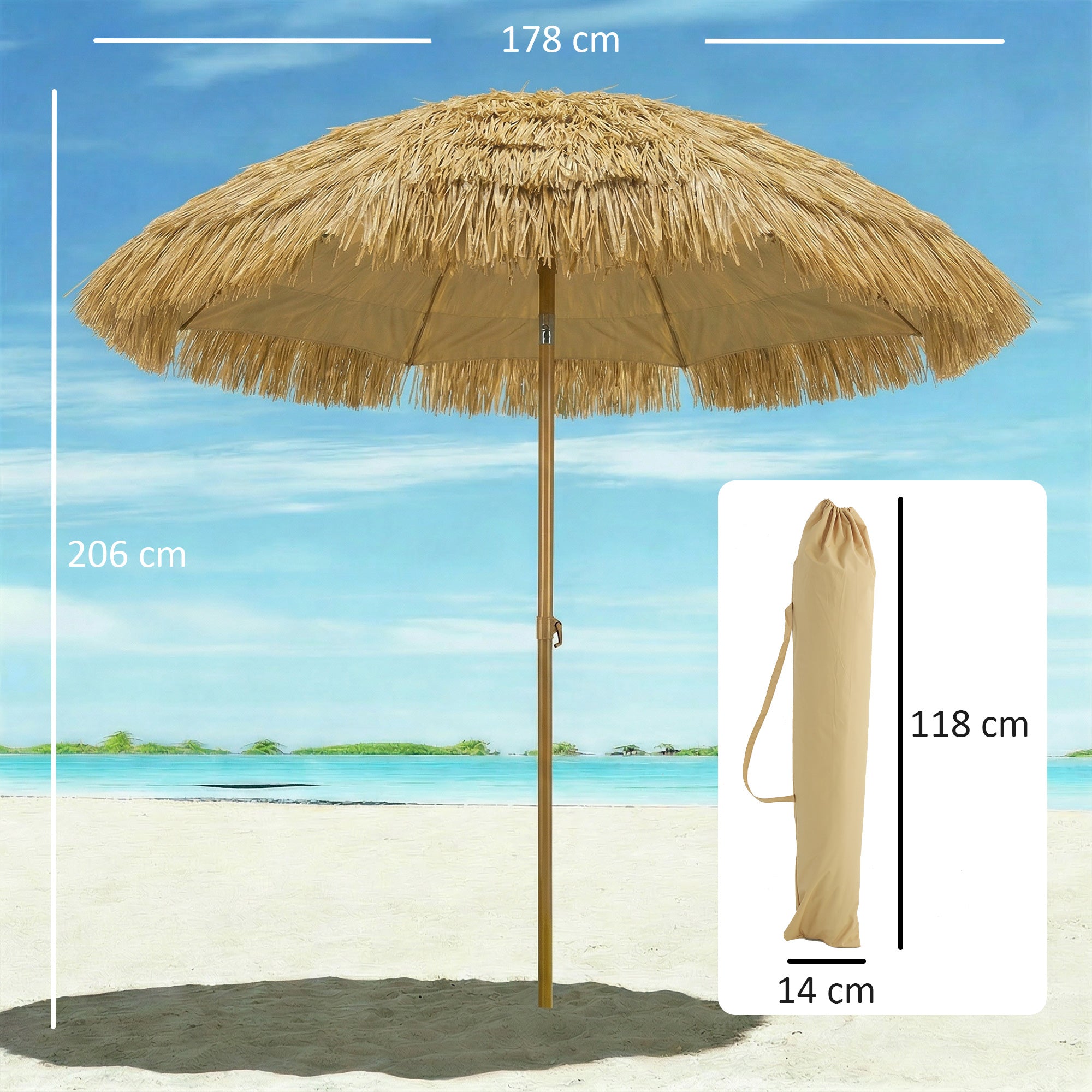Outsunny Sombrilla de Playa con Flecos de Paja Ø178 cm, Sombrilla de Terraza Exterior con Inclinación, Altura Ajustable, UV50+, Bolsa de Transporte, Anclaje de Arena, Marrón Claro