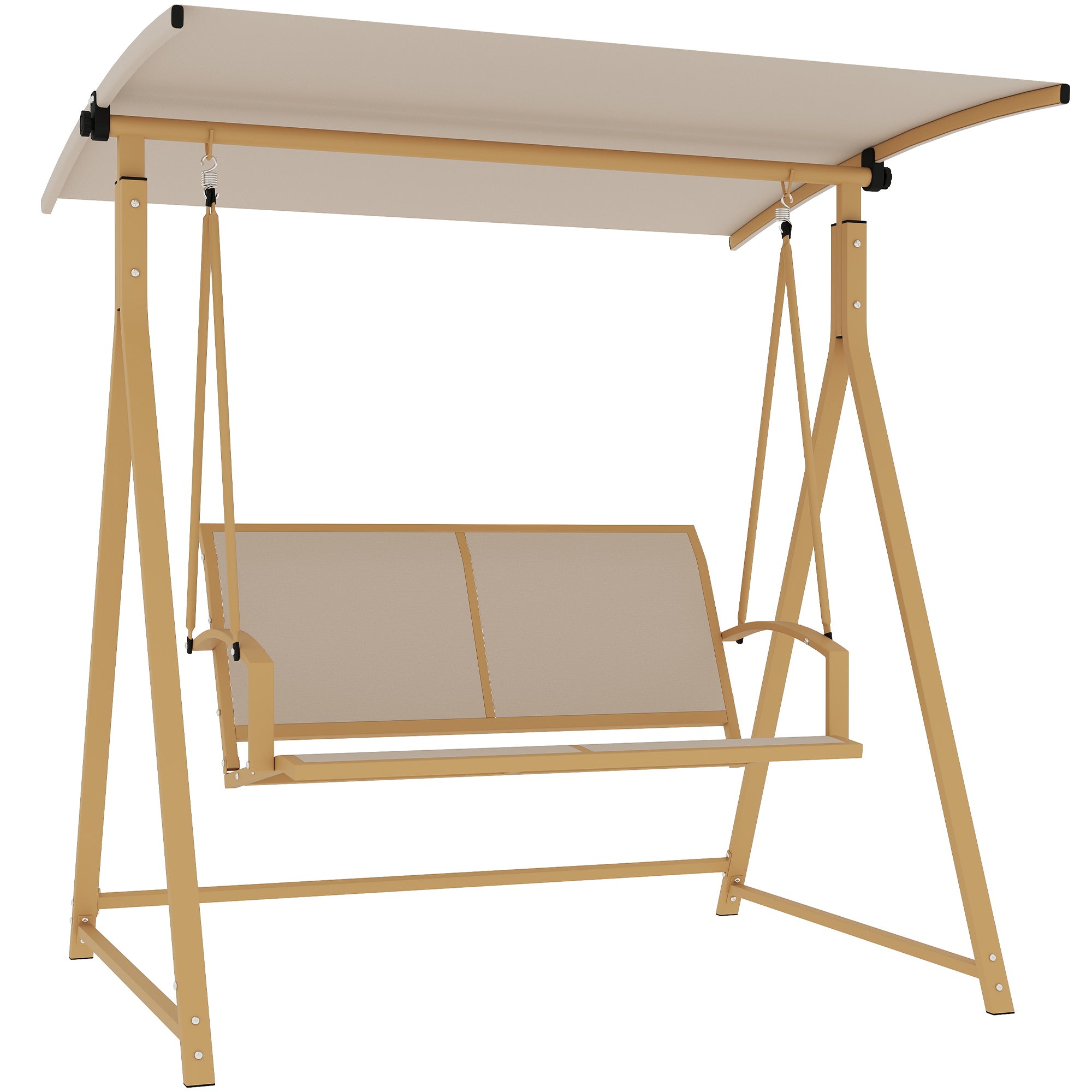 Outsunny Columpio de Jardín Exterior de 2 Plazas Balancín de Jardín Exterior con Toldo Ajustable 90° Protección UV 30+ y Estructura Triangular de Metal Carga 220 kg 160x112x162 cm Caqui