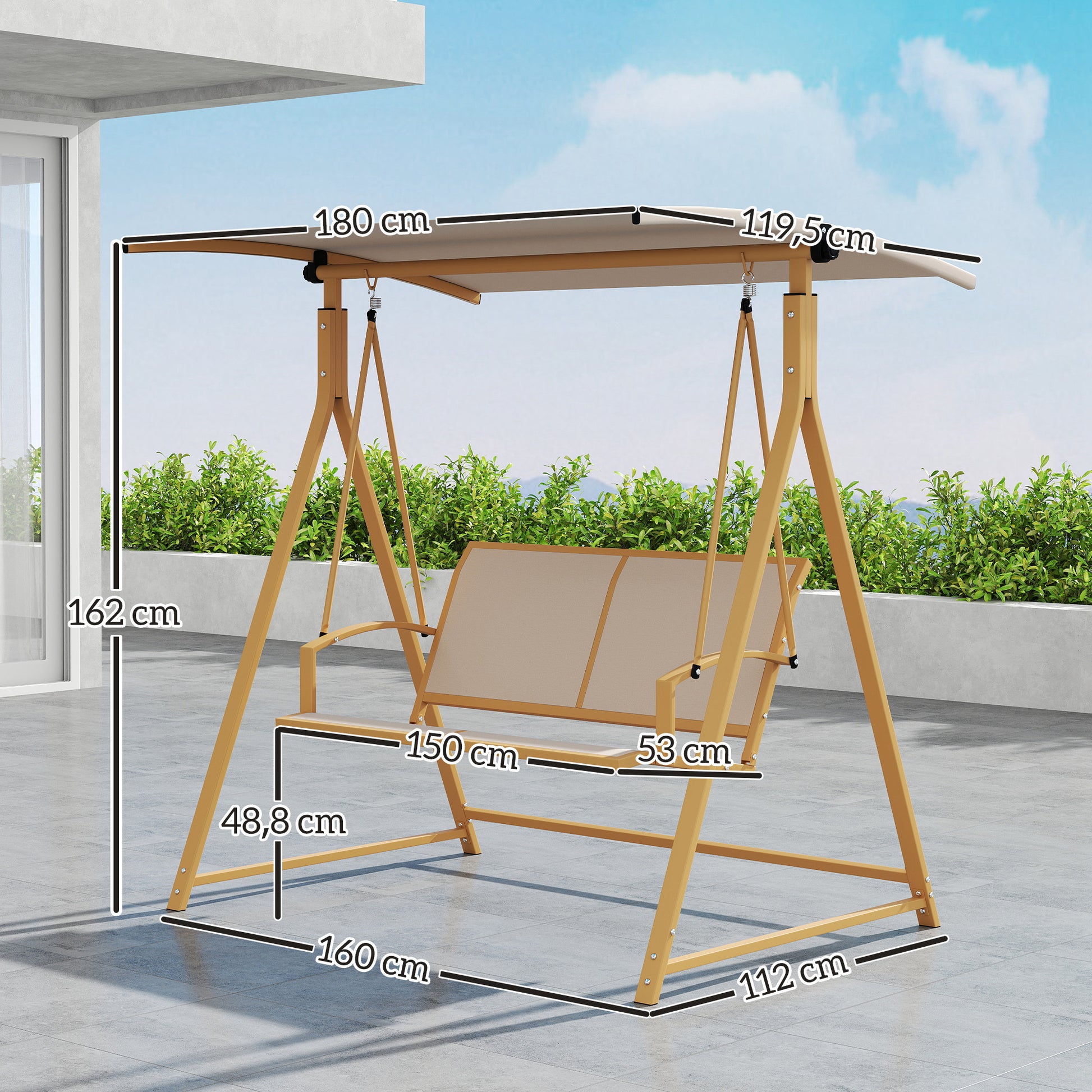 Outsunny Columpio de Jardín Exterior de 2 Plazas Balancín de Jardín Exterior con Toldo Ajustable 90° Protección UV 30+ y Estructura Triangular de Metal Carga 220 kg 160x112x162 cm Caqui