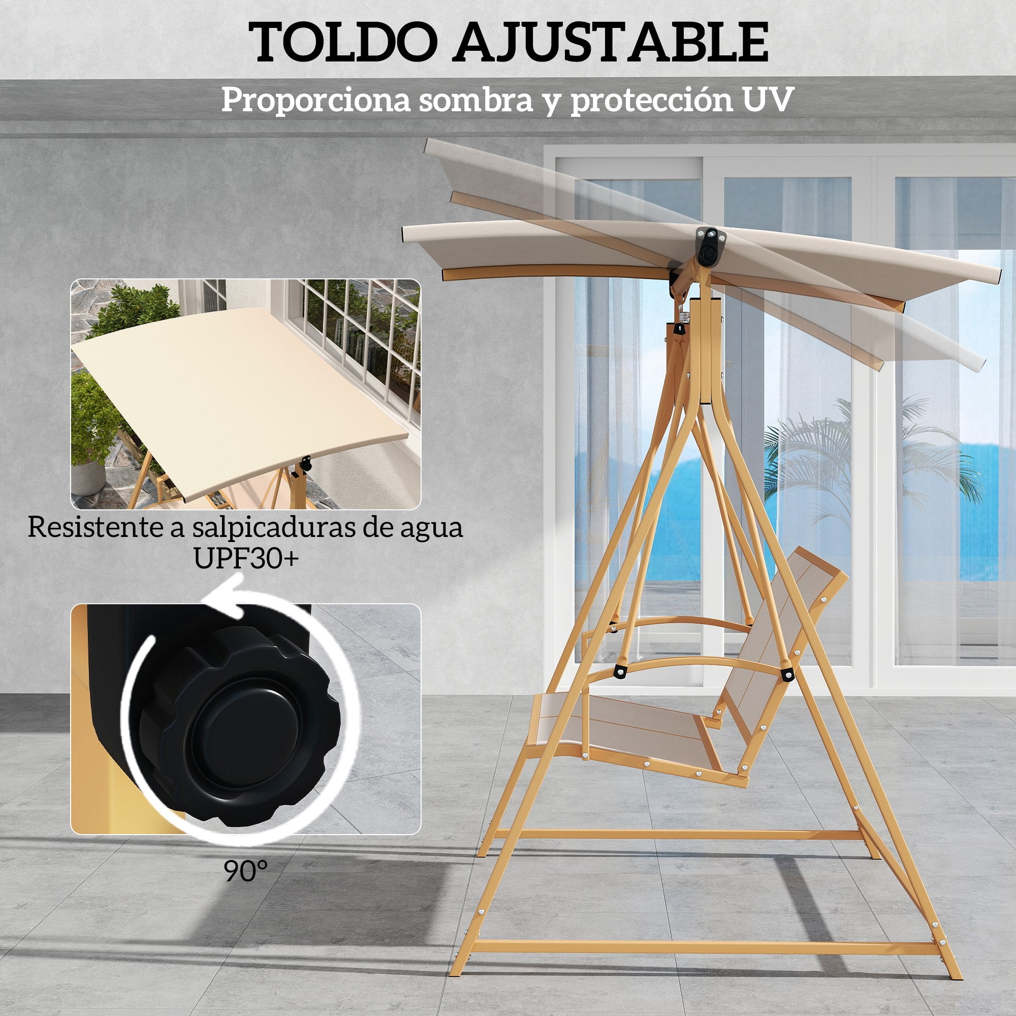 Outsunny Columpio de Jardín Exterior de 2 Plazas Balancín de Jardín Exterior con Toldo Ajustable 90° Protección UV 30+ y Estructura Triangular de Metal Carga 220 kg 160x112x162 cm Caqui