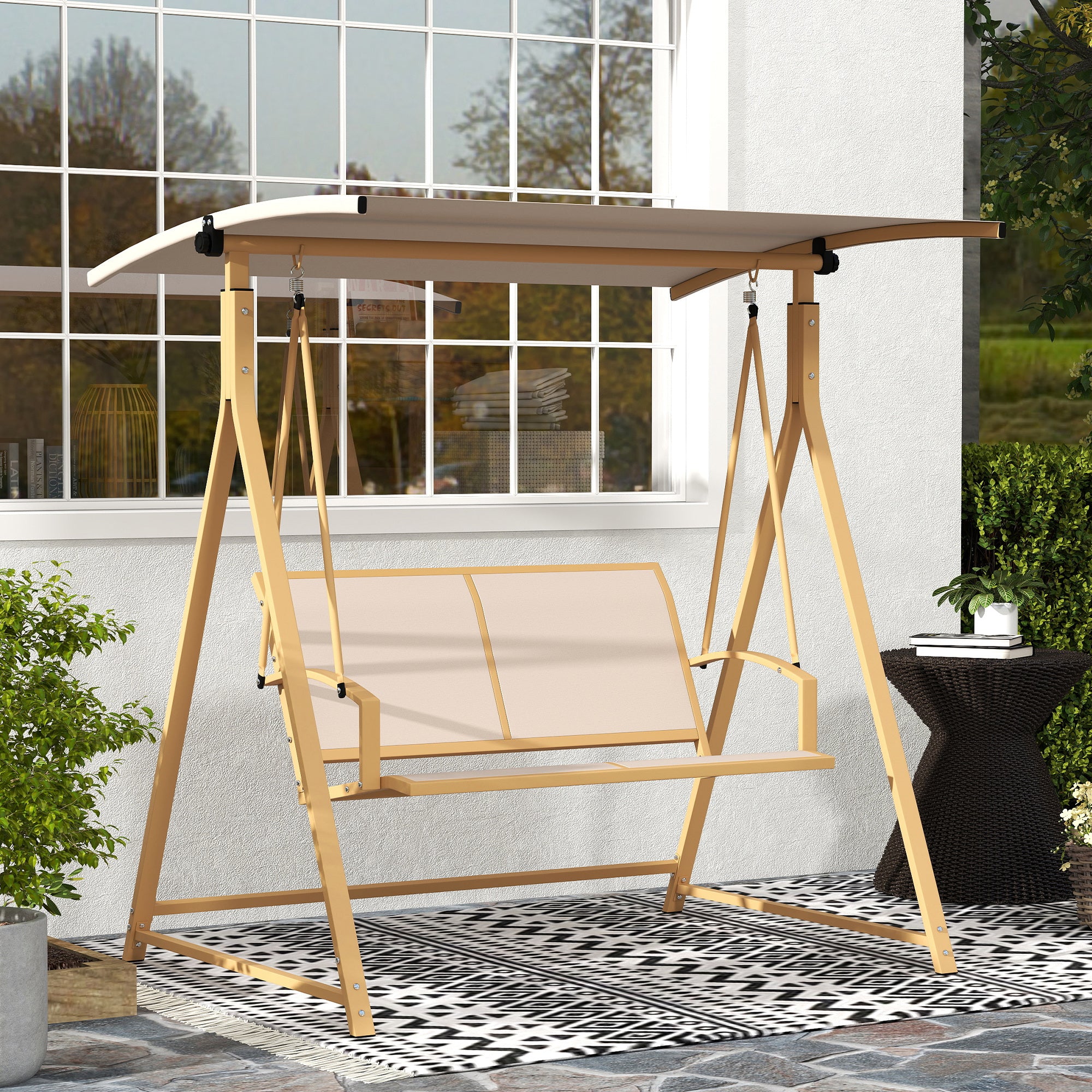Outsunny Columpio de Jardín Exterior de 2 Plazas Balancín de Jardín Exterior con Toldo Ajustable 90° Protección UV 30+ y Estructura Triangular de Metal Carga 220 kg 160x112x162 cm Caqui