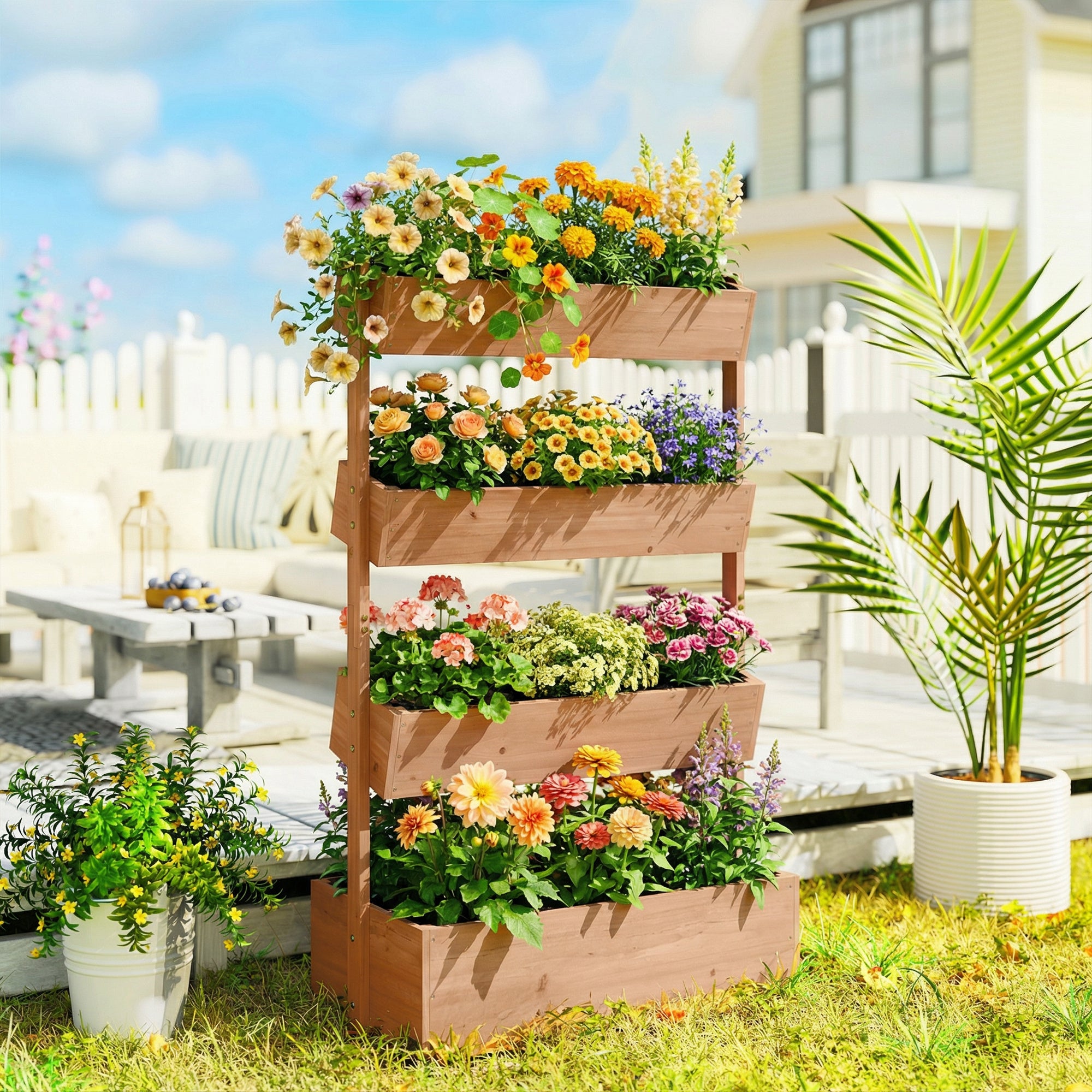 Outsunny Jardinera de Madera de 4 Niveles, Jardinera Exterior Elevada con Orificios de Drenaje y Tela no Tejida, Macetero para Cultivos, Plantas, Flores, para Terraza, Jardín, 85x45x140 cm, Marrón