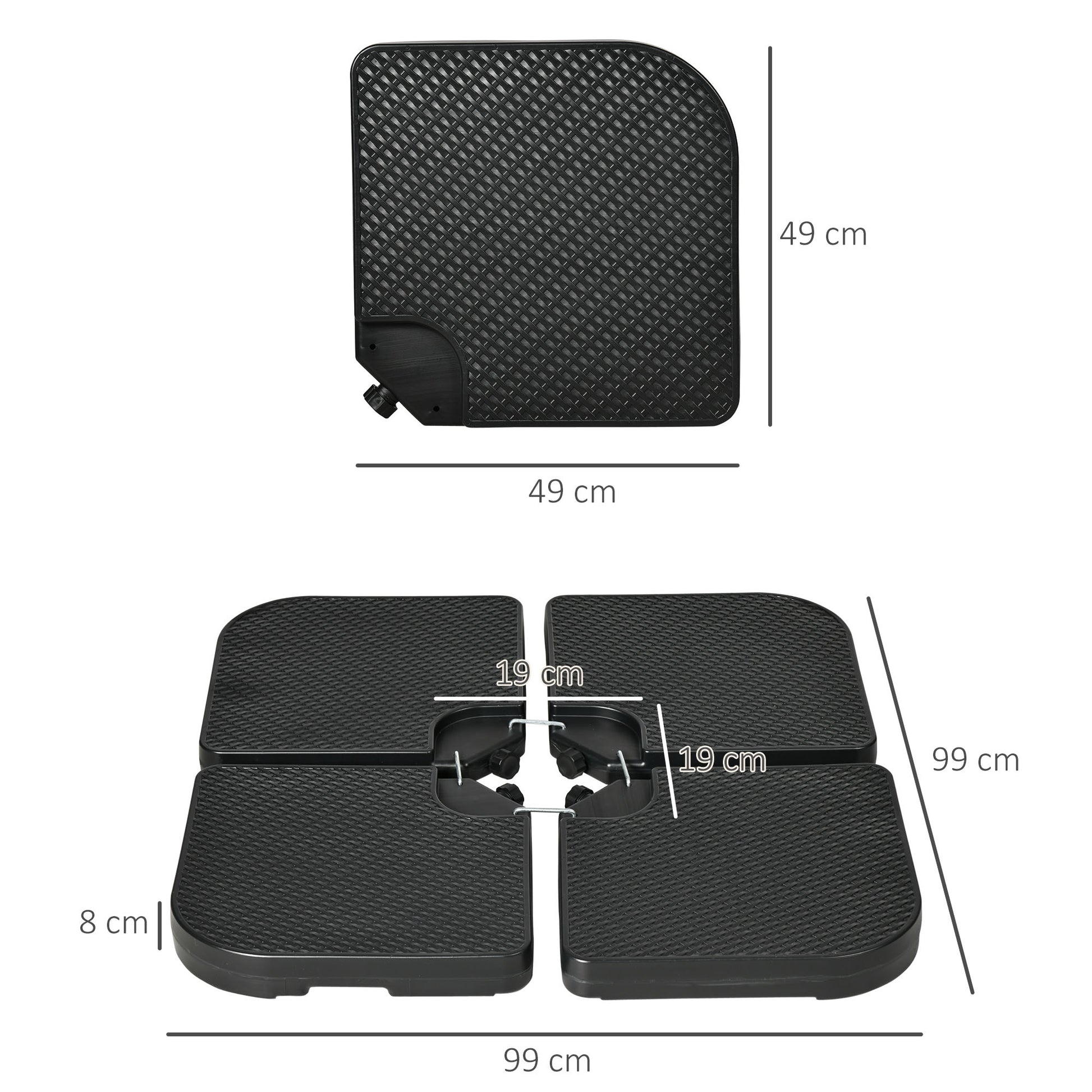 Outsunny Base para Sombrilla de 4 Piezas, Soporte para Parasol de HDPE Rellenable con Agua 59 kg o Arena 80 kg, para Jardín, Patio, Terraza, Negro