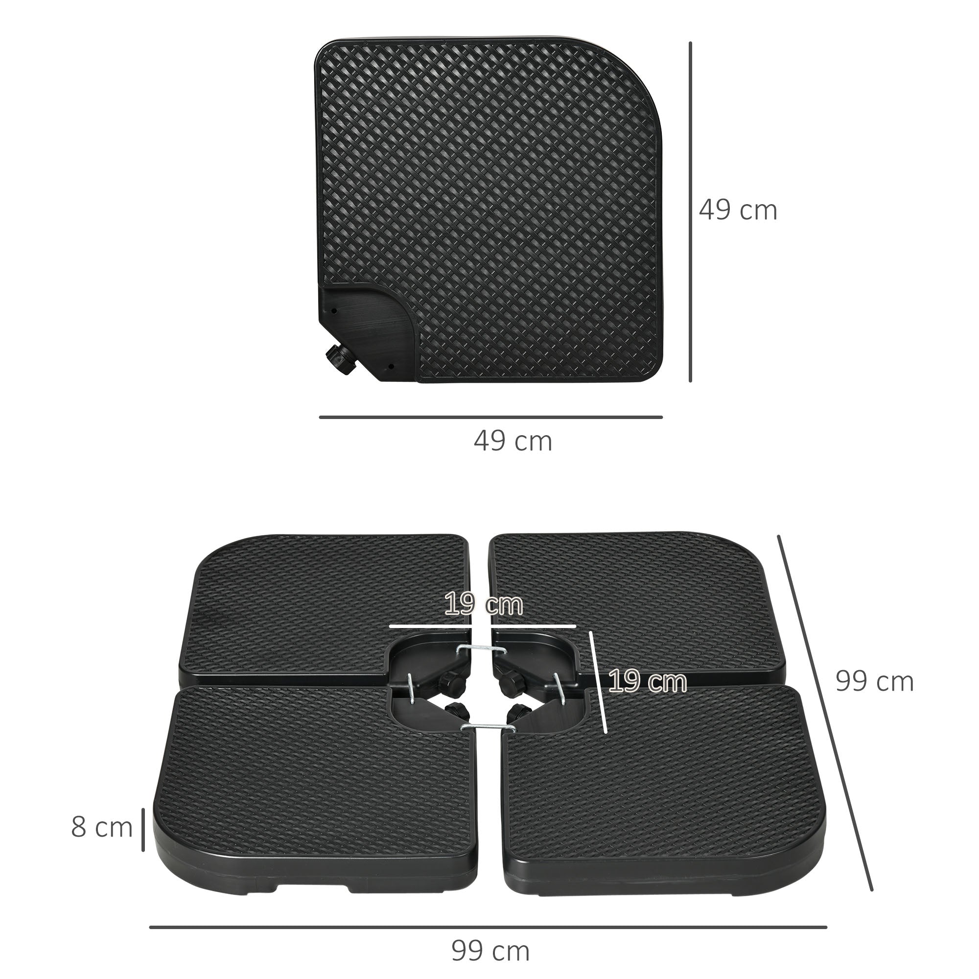 Outsunny Base para Sombrilla de 4 Piezas, Soporte para Parasol de HDPE Rellenable con Agua 59 kg o Arena 80 kg, para Jardín, Patio, Terraza, Negro