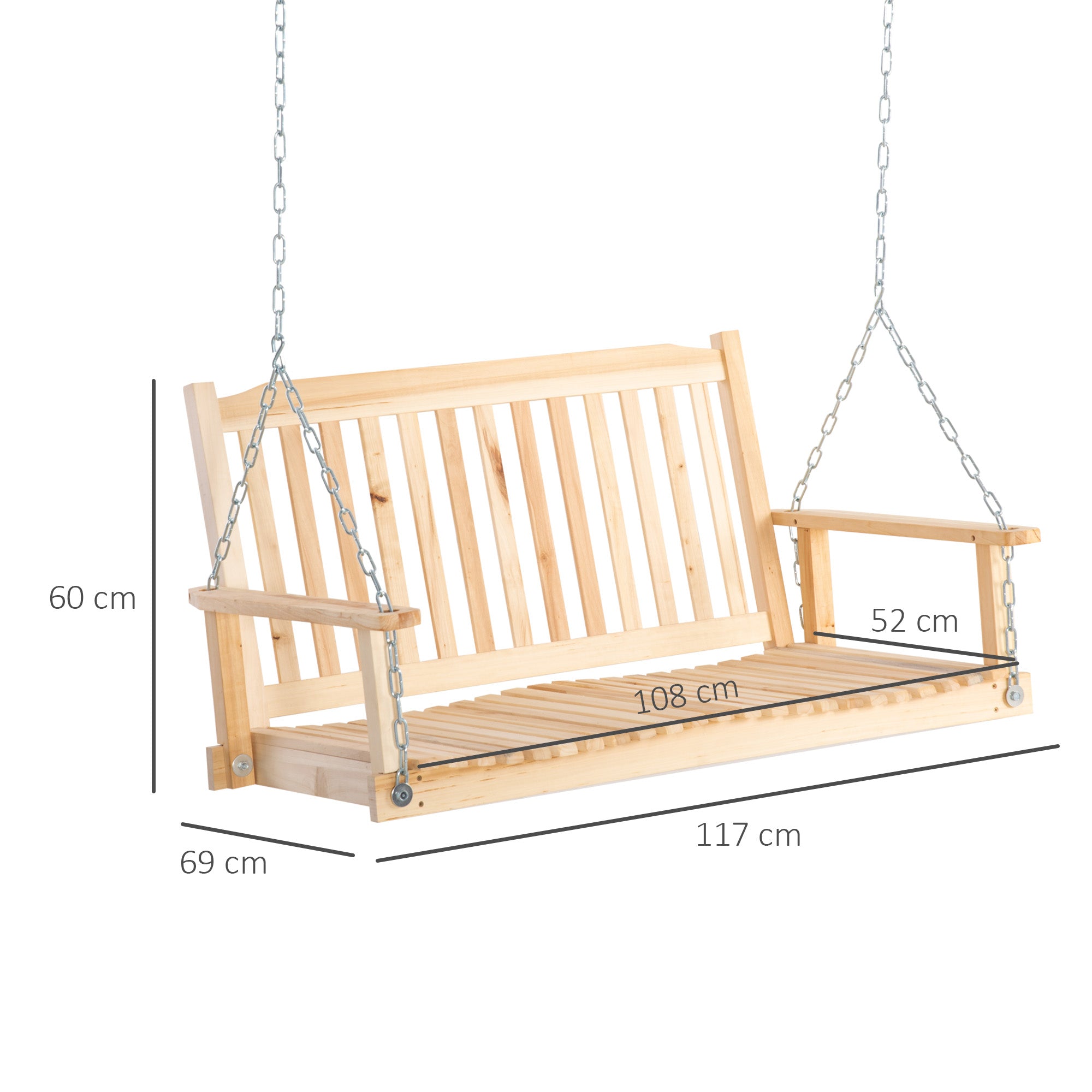 Outsunny Banco Columpio de Madera de 2 Plazas Banco Balancín Colgante con Reposabrazos Cadenas Ajustables y Diseño Listones Carga 200 kg para Jardín Terraza Balcón 117x69x60 cm Natural