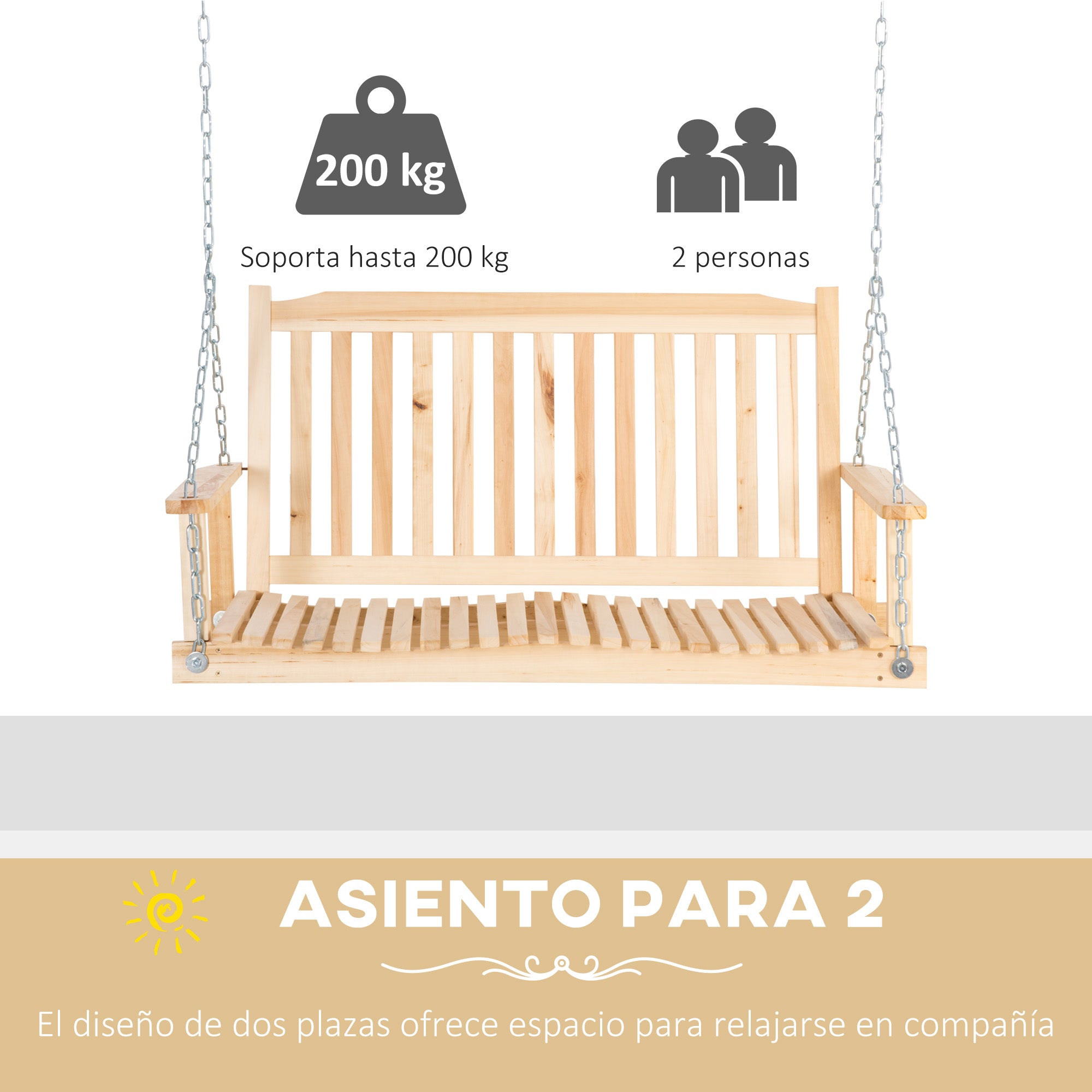 Outsunny Banco Columpio de Madera de 2 Plazas Banco Balancín Colgante con Reposabrazos Cadenas Ajustables y Diseño Listones Carga 200 kg para Jardín Terraza Balcón 117x69x60 cm Natural