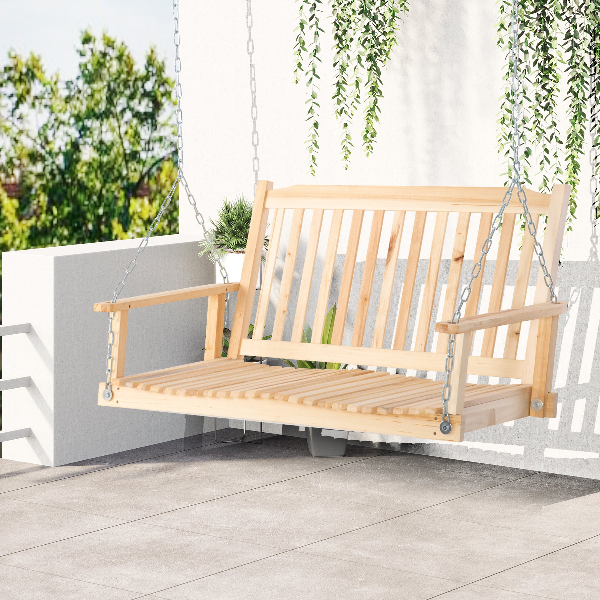 Outsunny Banco Columpio de Madera de 2 Plazas Banco Balancín Colgante con Reposabrazos Cadenas Ajustables y Diseño Listones Carga 200 kg para Jardín Terraza Balcón 117x69x60 cm Natural