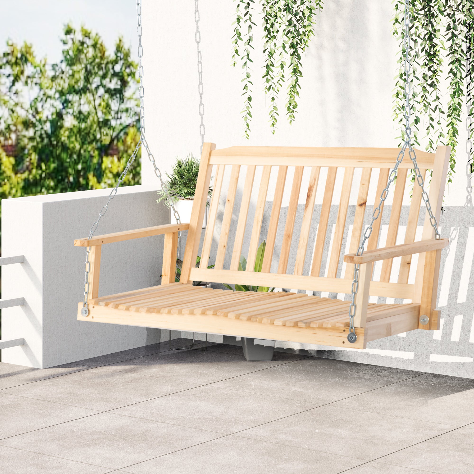 Outsunny Banco Columpio de Madera de 2 Plazas Banco Balancín Colgante con Reposabrazos Cadenas Ajustables y Diseño Listones Carga 200 kg para Jardín Terraza Balcón 117x69x60 cm Natural