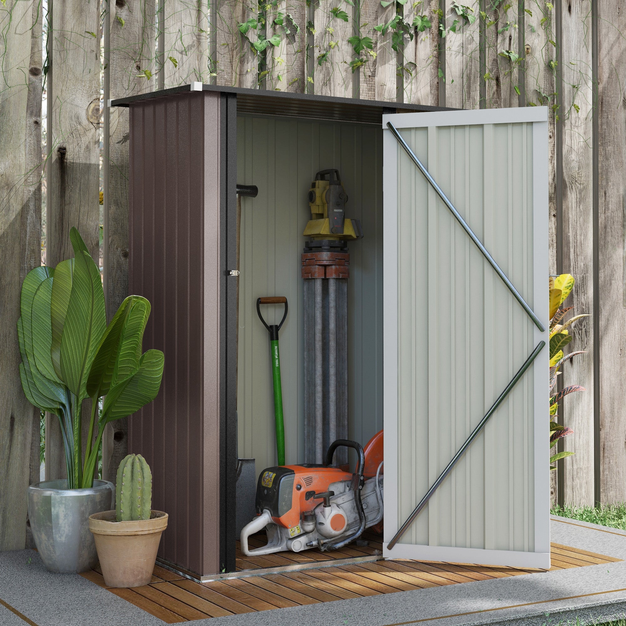 Outsunny Caseta de Jardín 1,07 m² 142x84x189 cm Cobertizo Exterior Metálico con Puerta Cerradura y Orificios de Drenaje para Almacenamiento de Herramientas Marrón