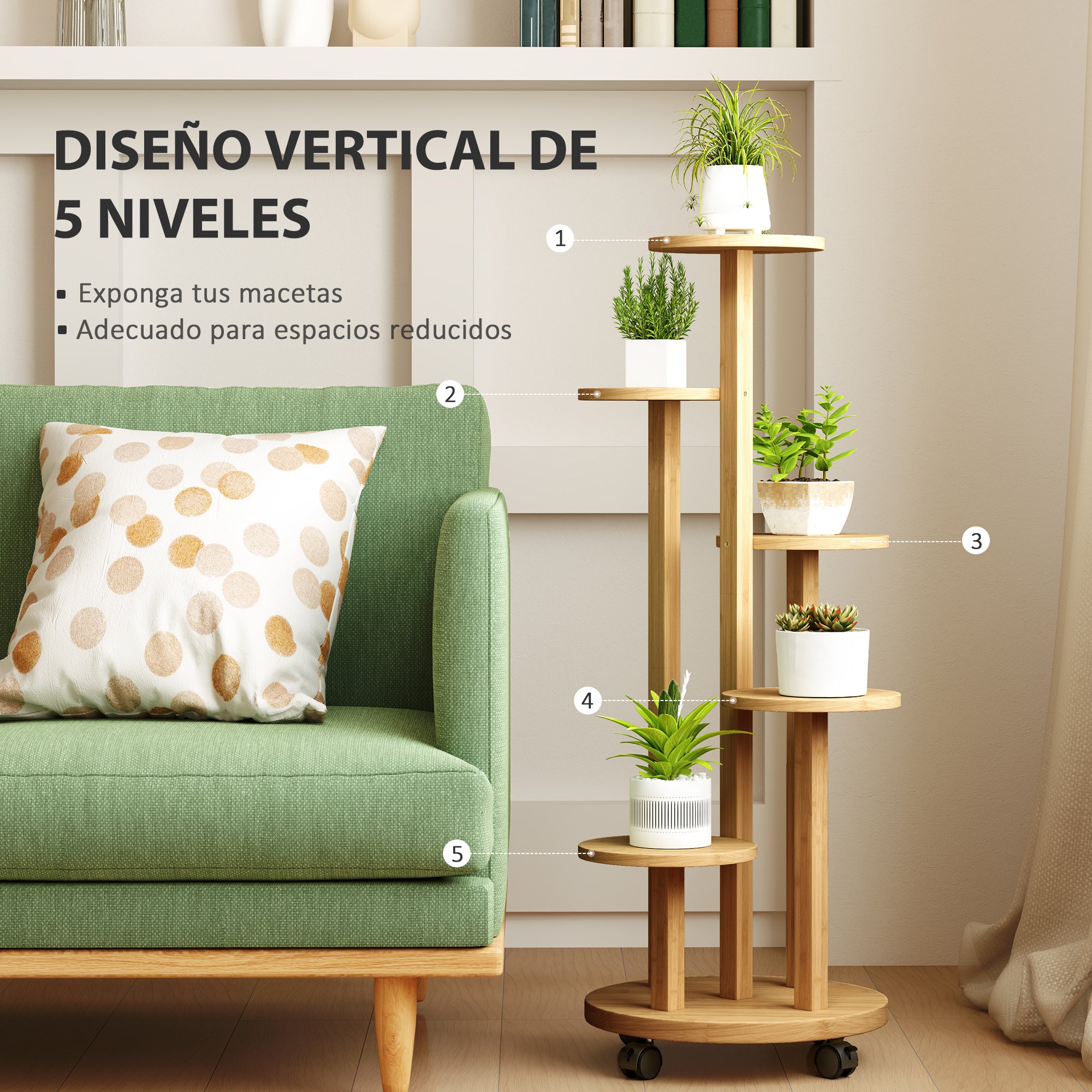 Outsunny Soporte para Plantas de Bambú con Ruedas de 5 Niveles, Estantería Redonda para Plantas para Esquina, Soporte para Macetas, Interior y Exterior, 33x33x90 cm, Natural