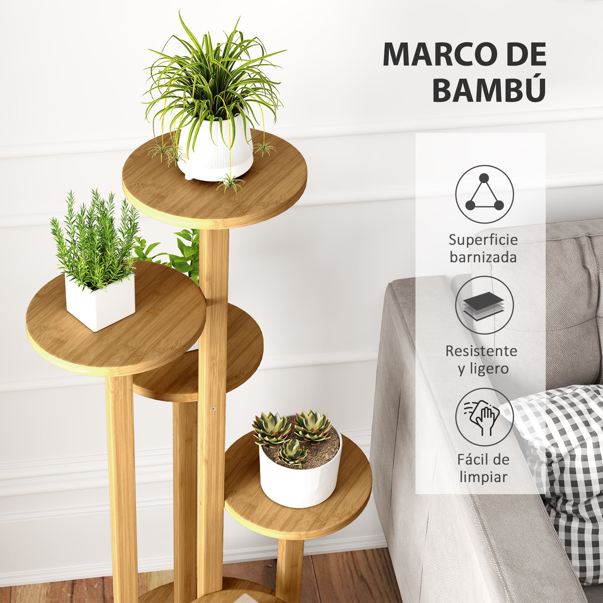 Outsunny Soporte para Plantas de Bambú con Ruedas de 5 Niveles, Estantería Redonda para Plantas para Esquina, Soporte para Macetas, Interior y Exterior, 33x33x90 cm, Natural