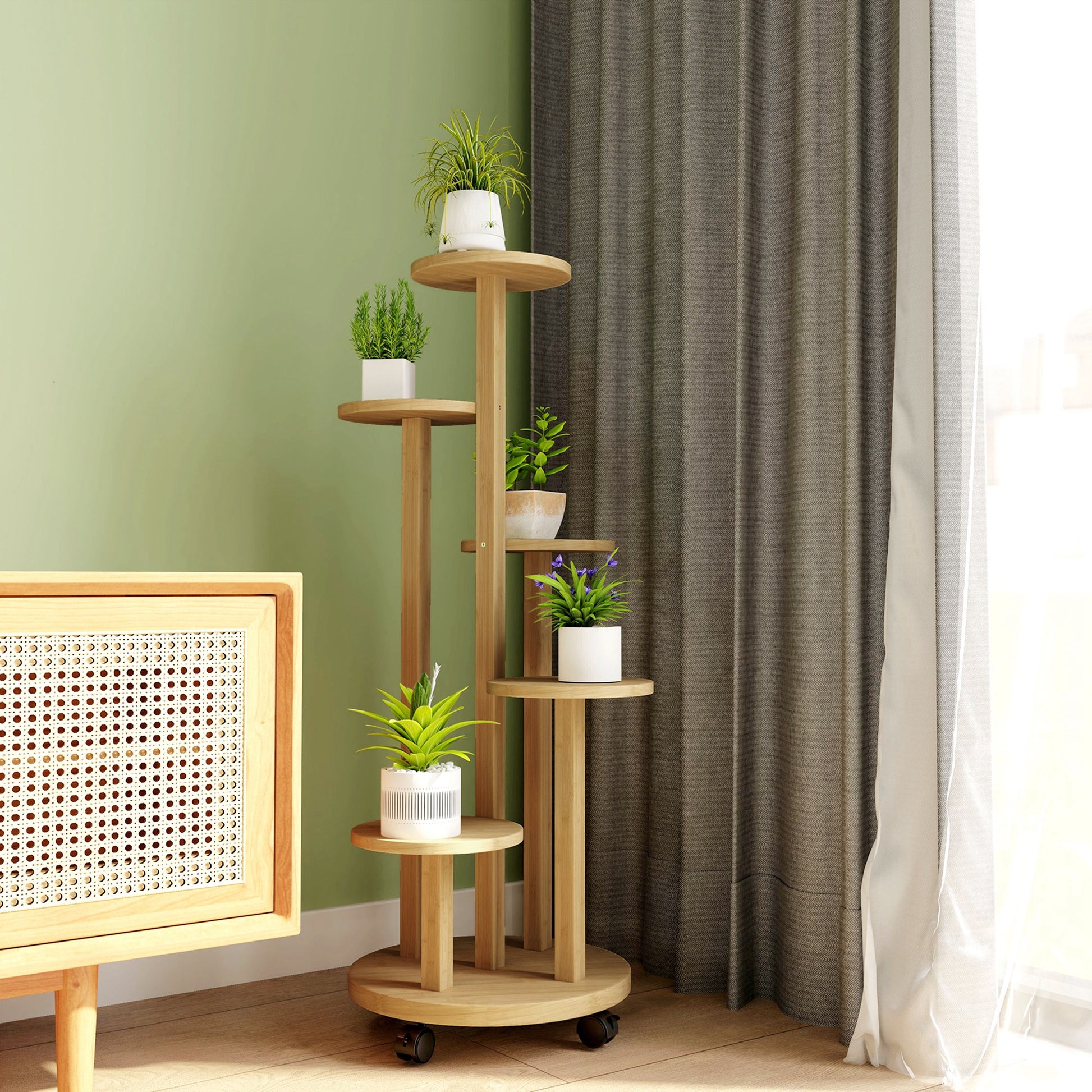 Outsunny Soporte para Plantas de Bambú con Ruedas de 5 Niveles, Estantería Redonda para Plantas para Esquina, Soporte para Macetas, Interior y Exterior, 33x33x90 cm, Natural