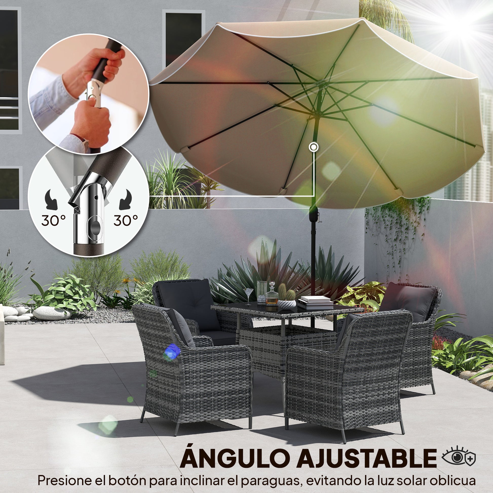 Outsunny Sombrilla Terraza Exterior, Ø2,7 m, Sombrilla de Jardín con Inclinación Ajustable 3 Posiciones, Manivela y Volantes, Impermeable, Parasol para Playa, Patio, Terraza, Caqui