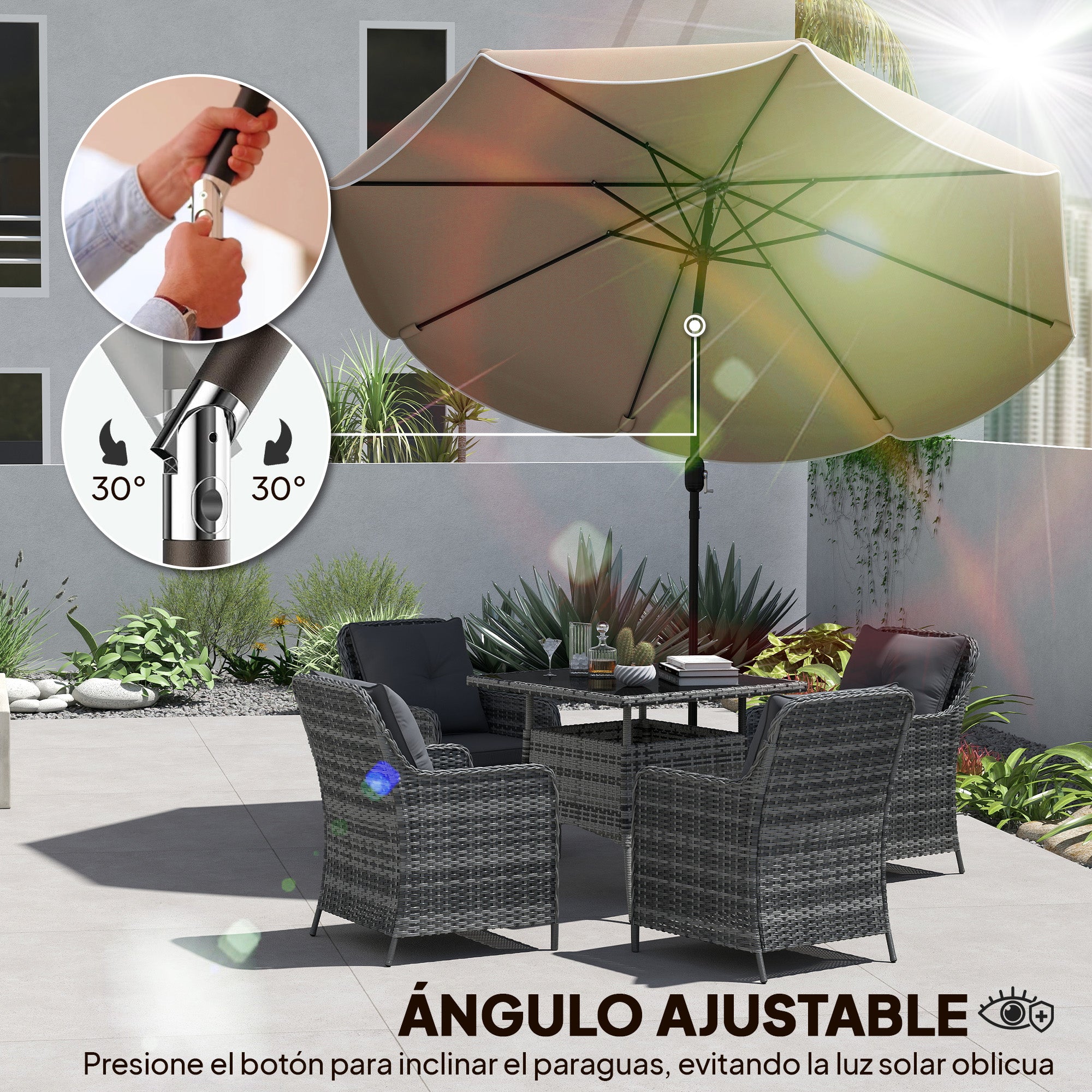 Outsunny Sombrilla Terraza Exterior, Ø2,7 m, Sombrilla de Jardín con Inclinación Ajustable 3 Posiciones, Manivela y Volantes, Impermeable, Parasol para Playa, Patio, Terraza, Caqui