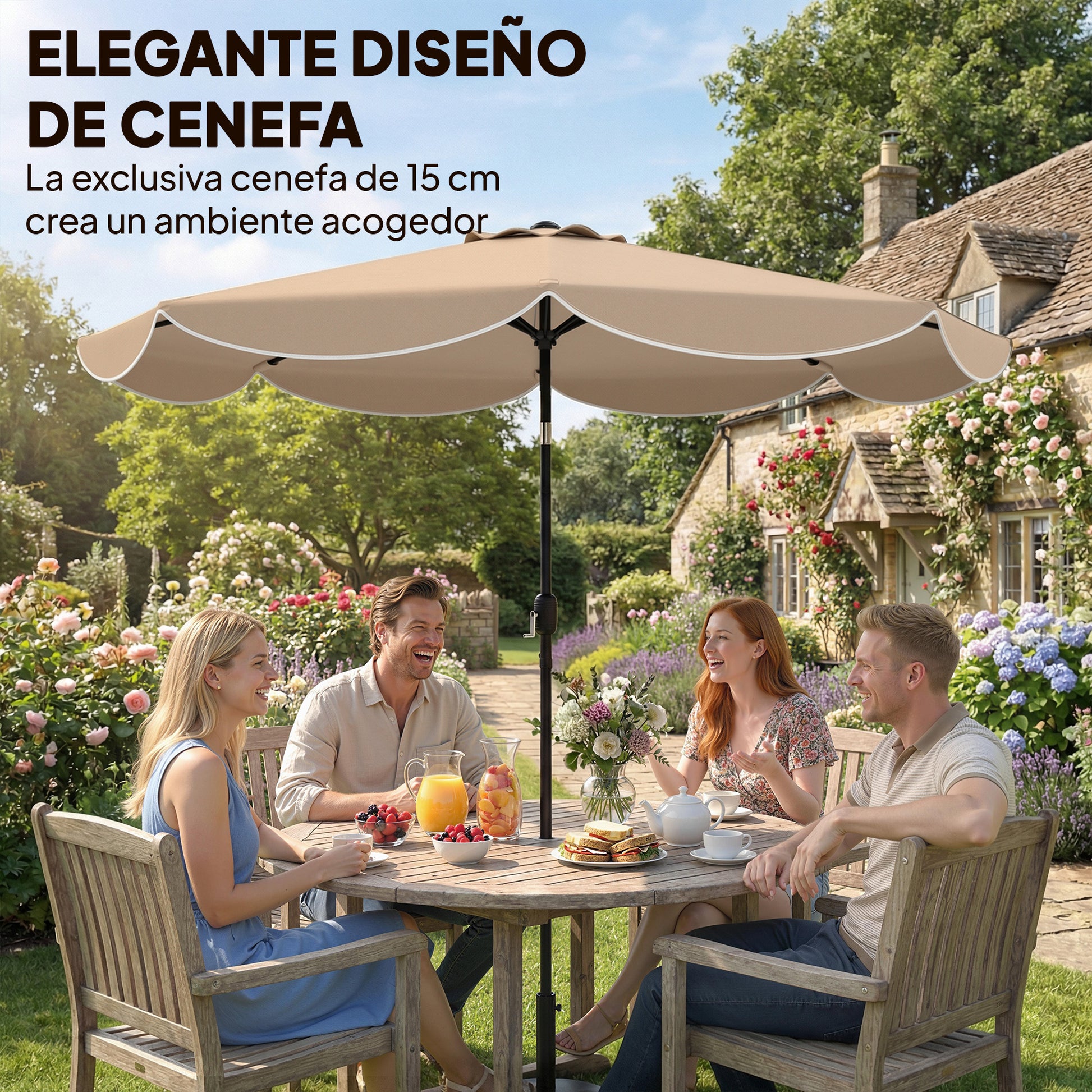 Outsunny Sombrilla Terraza Exterior, Ø2,7 m, Sombrilla de Jardín con Inclinación Ajustable 3 Posiciones, Manivela y Volantes, Impermeable, Parasol para Playa, Patio, Terraza, Caqui
