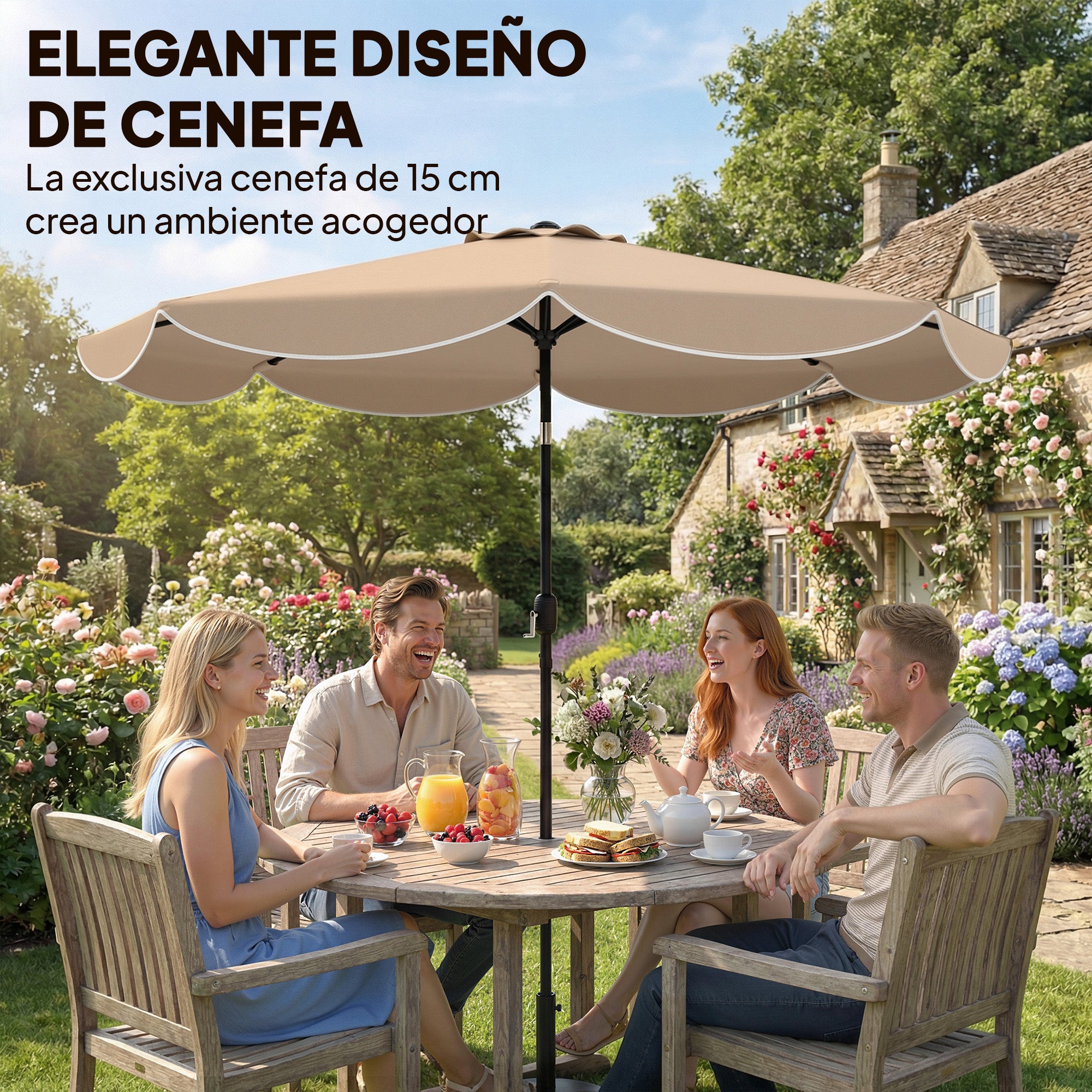Outsunny Sombrilla Terraza Exterior, Ø2,7 m, Sombrilla de Jardín con Inclinación Ajustable 3 Posiciones, Manivela y Volantes, Impermeable, Parasol para Playa, Patio, Terraza, Caqui