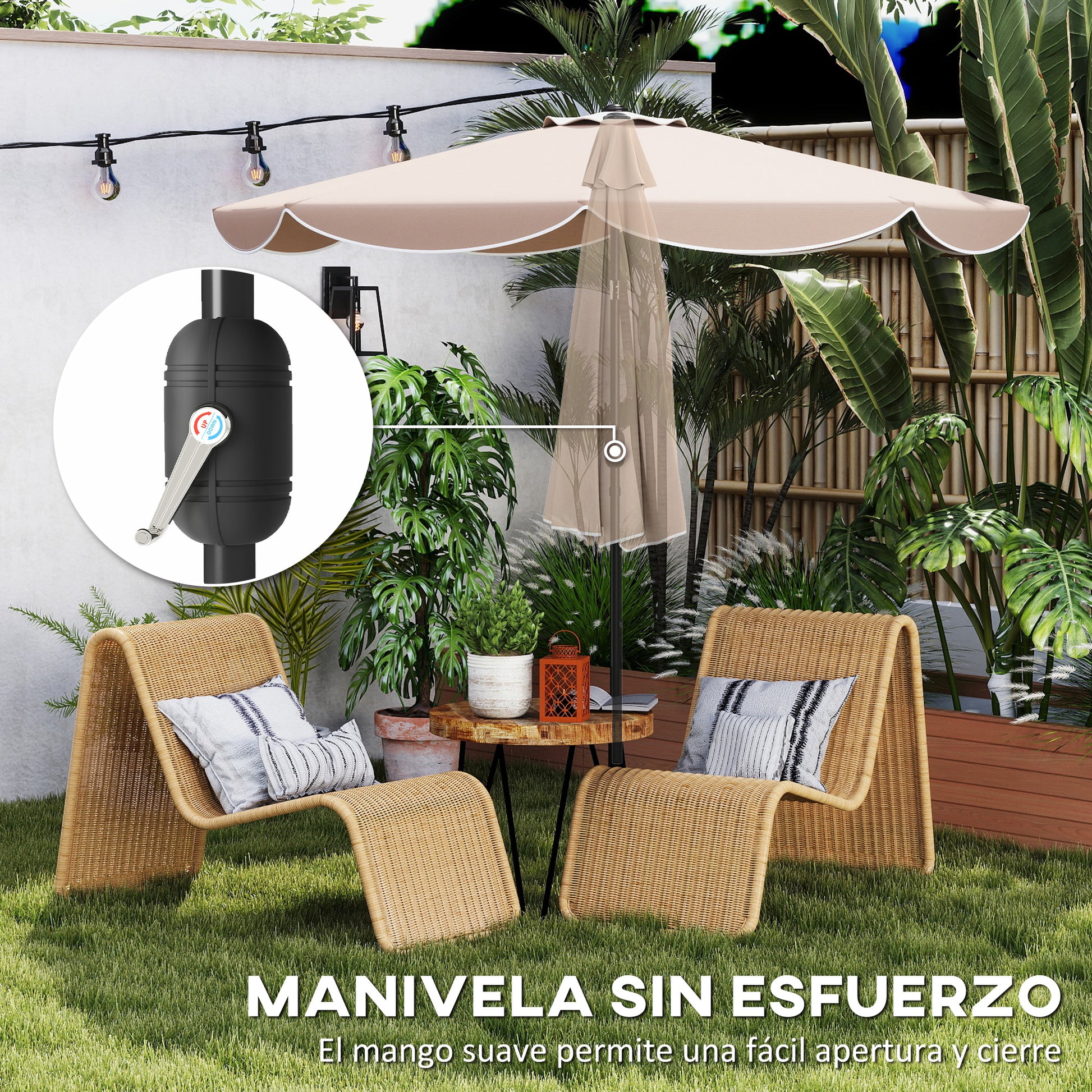Outsunny Sombrilla Terraza Exterior, Ø2,7 m, Sombrilla de Jardín con Inclinación Ajustable 3 Posiciones, Manivela y Volantes, Impermeable, Parasol para Playa, Patio, Terraza, Caqui