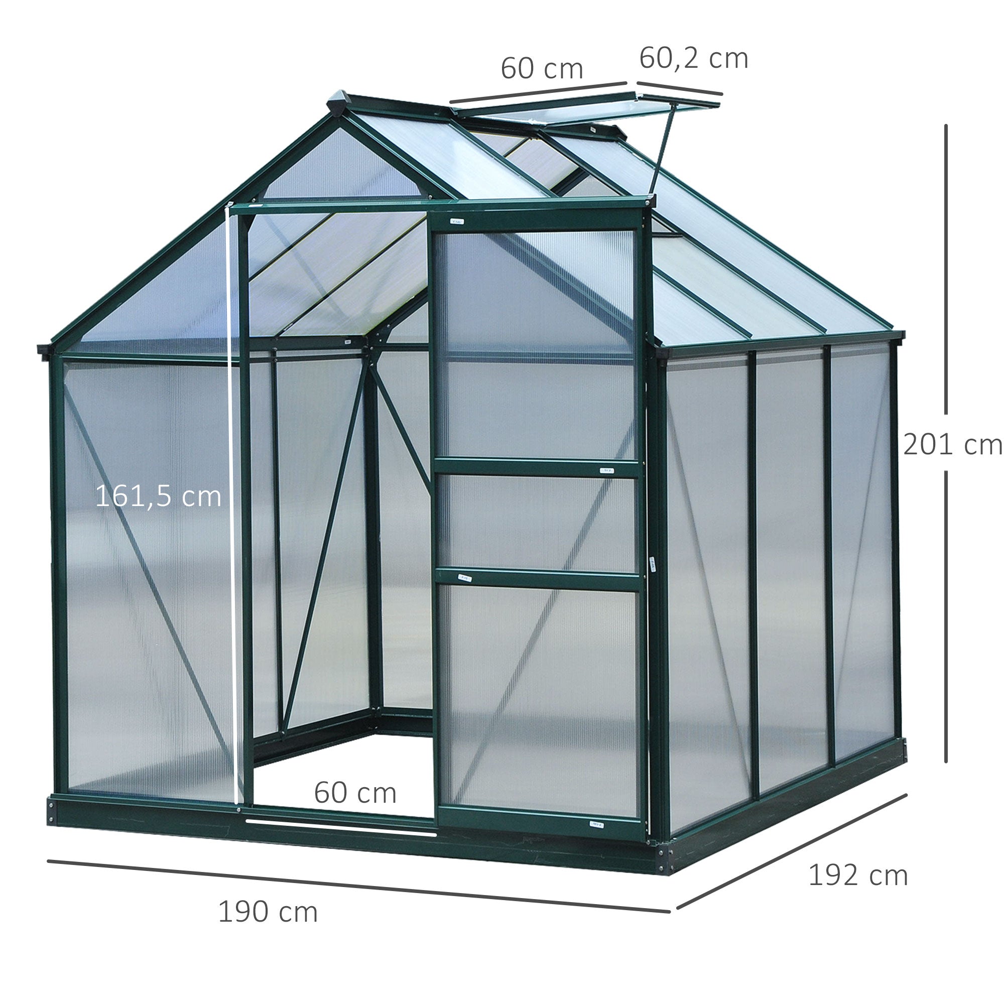 Outsunny Invernadero de Jardín 2x2 m Policarbonato y Aluminio Vivero Casero con Tragaluz Protección UV30 y Base 3,65 m² para Macetas Cultivo Plantas Flores Transparente
