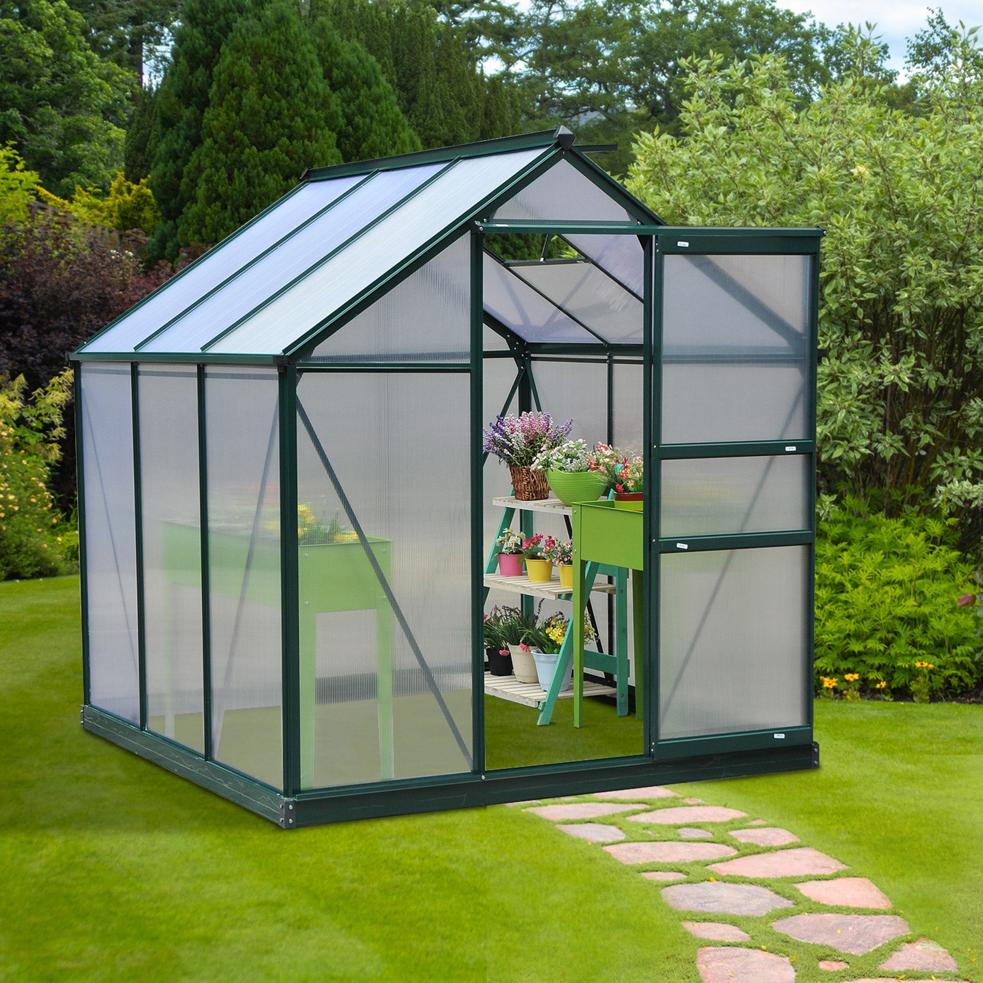 Outsunny Invernadero de Jardín 2x2 m Policarbonato y Aluminio Vivero Casero con Tragaluz Protección UV30 y Base 3,65 m² para Macetas Cultivo Plantas Flores Transparente