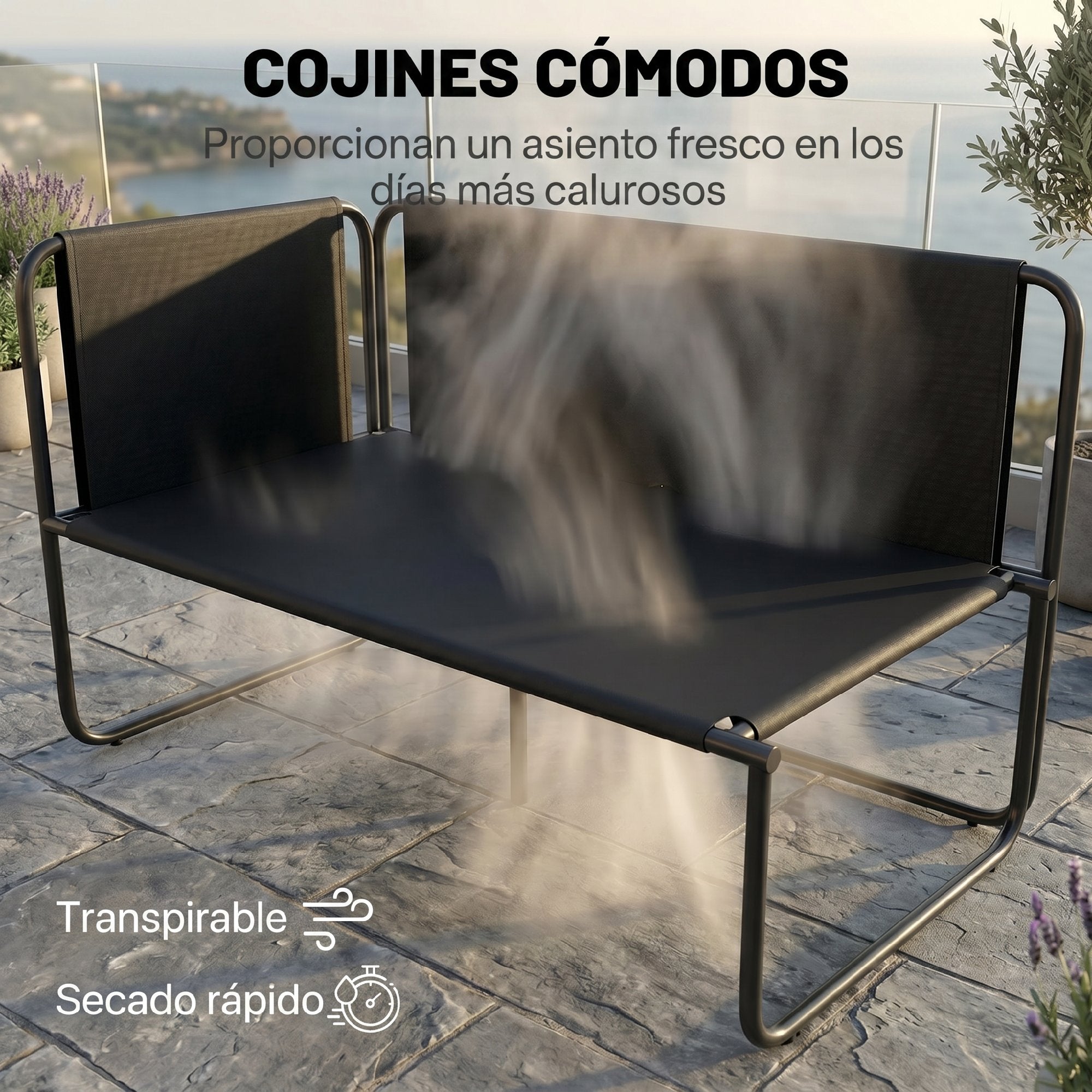 Outsunny Conjunto Jardín Exterior de 4 Piezas, Muebles Jardín Exterior con 2 Sofás 2 Plazas, 2 Mesas de Vidrio, Cojines, Fundas Extraíbles, Bolsillos, Tela Textilene Transpirable, Marco Acero, Gris