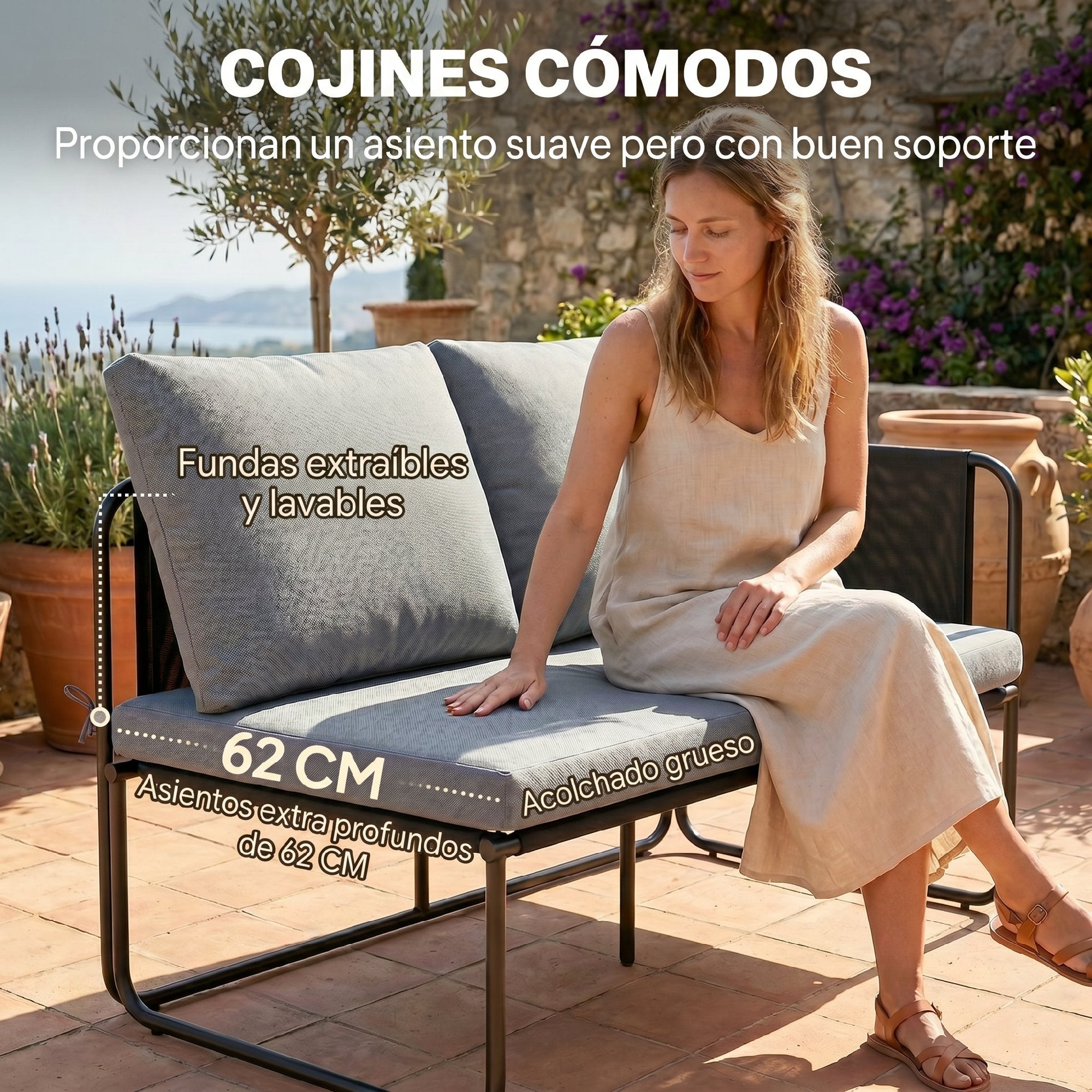 Outsunny Conjunto Jardín Exterior de 4 Piezas, Muebles Jardín Exterior con 2 Sofás 2 Plazas, 2 Mesas de Vidrio, Cojines, Fundas Extraíbles, Bolsillos, Tela Textilene Transpirable, Marco Acero, Gris