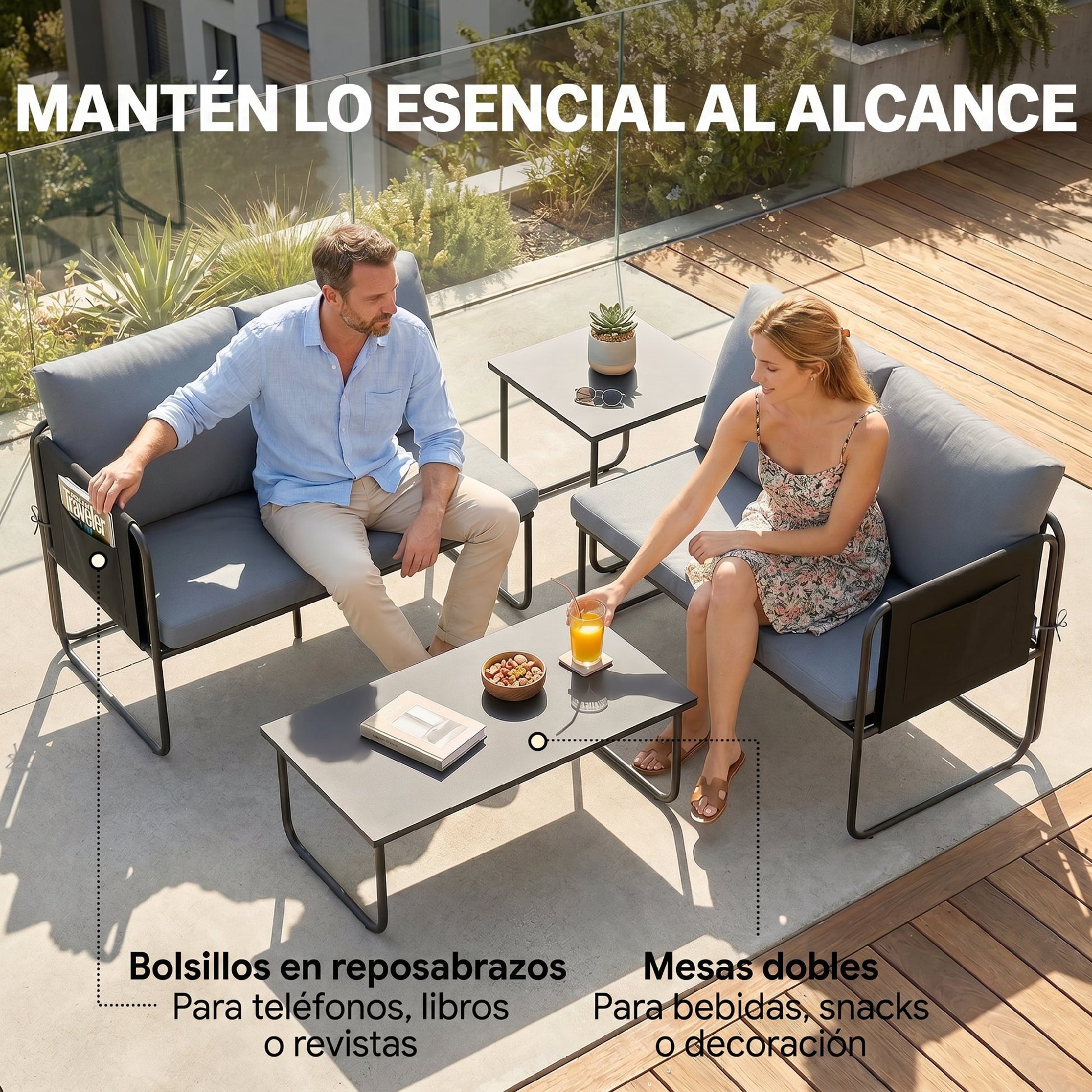 Outsunny Conjunto Jardín Exterior de 4 Piezas, Muebles Jardín Exterior con 2 Sofás 2 Plazas, 2 Mesas de Vidrio, Cojines, Fundas Extraíbles, Bolsillos, Tela Textilene Transpirable, Marco Acero, Gris