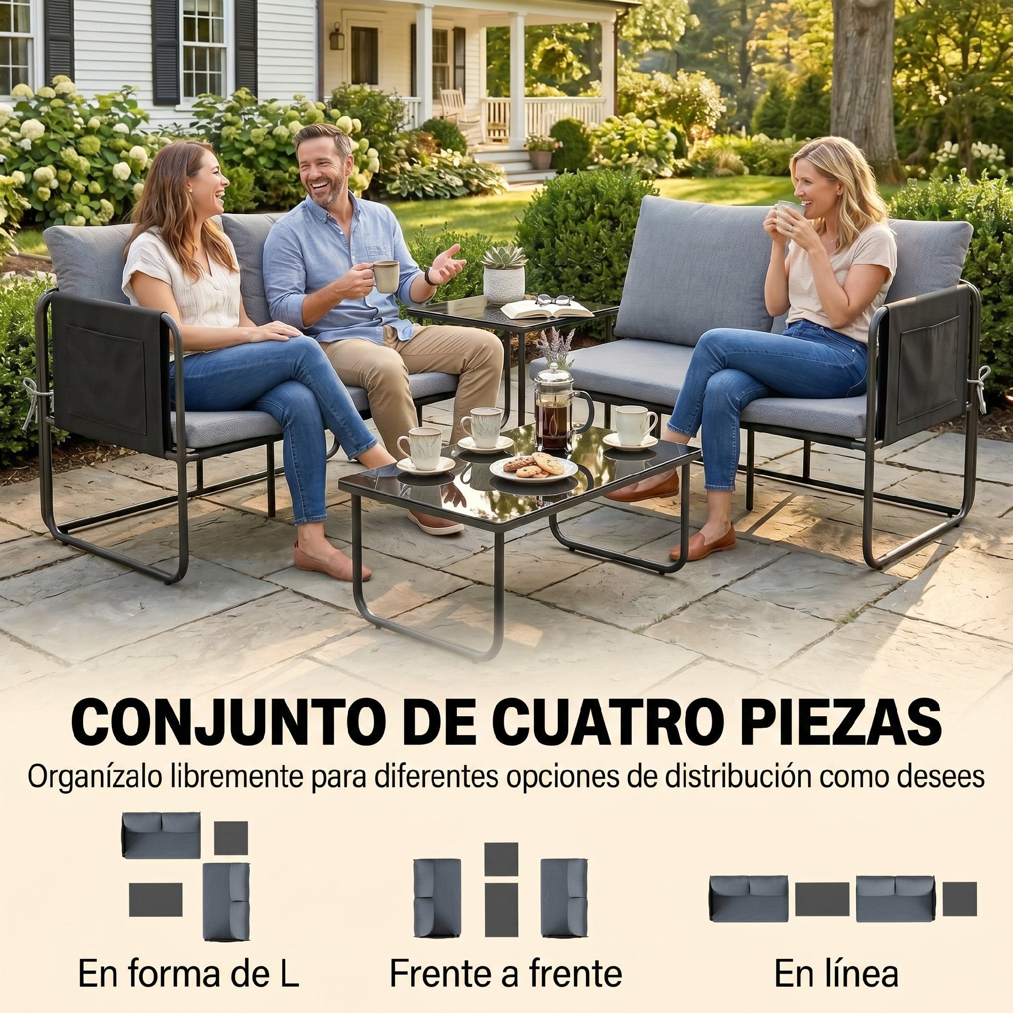 Outsunny Conjunto Jardín Exterior de 4 Piezas, Muebles Jardín Exterior con 2 Sofás 2 Plazas, 2 Mesas de Vidrio, Cojines, Fundas Extraíbles, Bolsillos, Tela Textilene Transpirable, Marco Acero, Gris