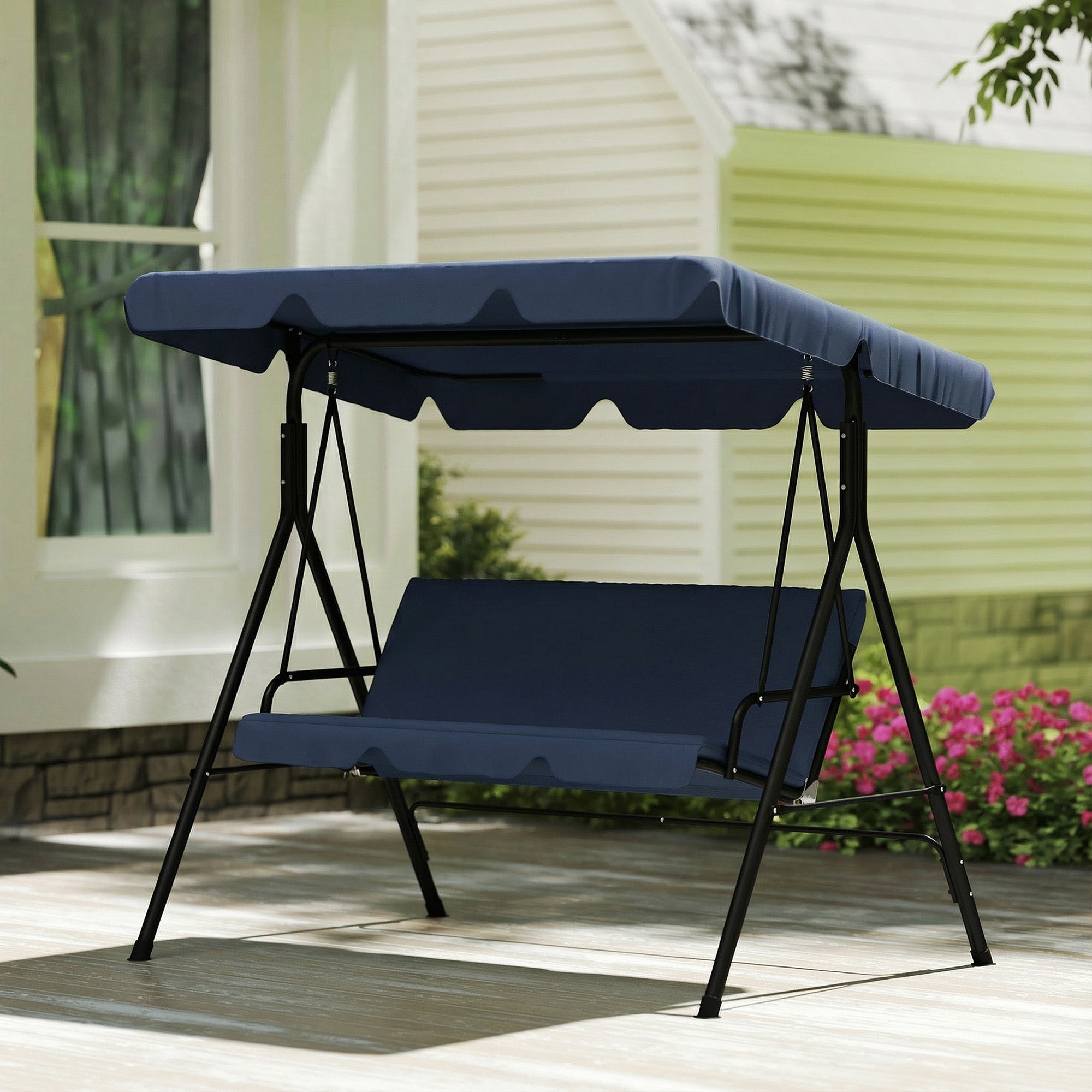 Outsunny Columpio de Jardín Exterior de 3 Plazas, Balancín de Jardín Exterior con Techo Ajustable, Cojín y Marco de Acero, para Balcón, Terraza, Patio, Carga 240 kg, 172x118x153 cm, Azul Marino