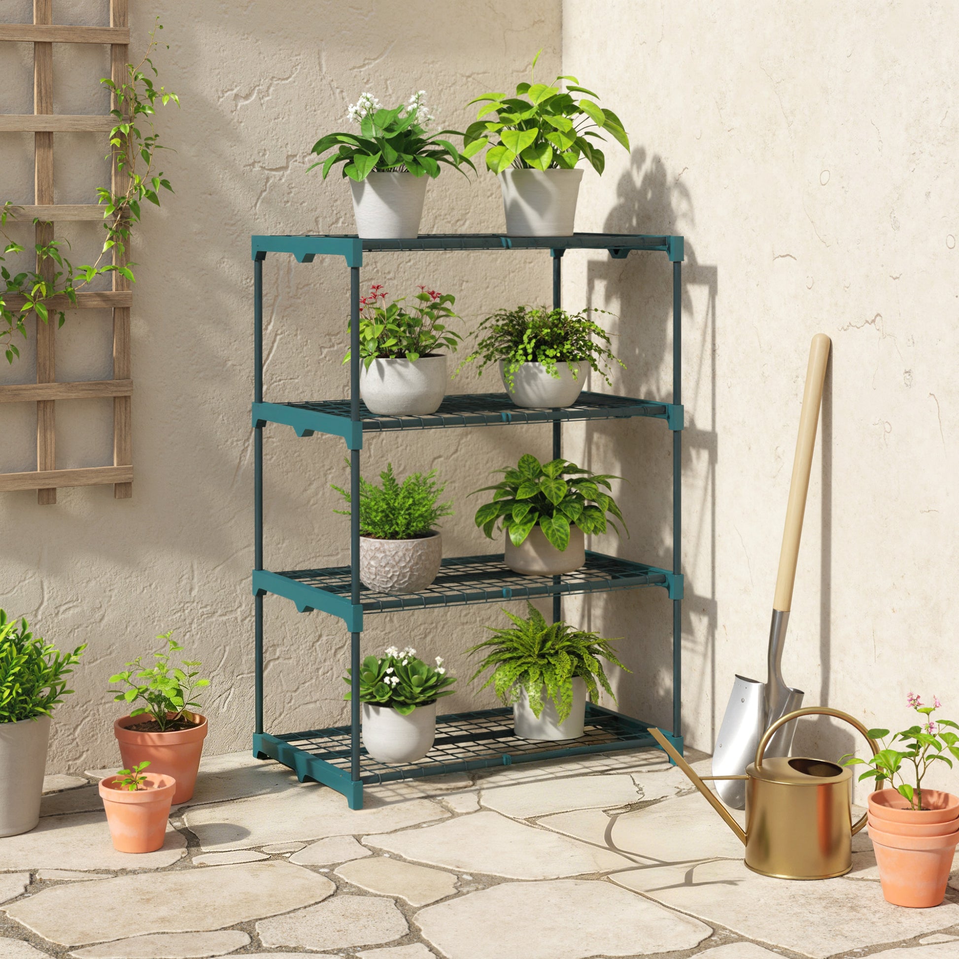 Outsunny Soporte para Plantas de 4 Niveles, Estantería para Plantas de Acero, Estantes de Rejilla, Soporte para Macetas, Interior y Exterior, 67x49x105 cm, Verde Oscuro