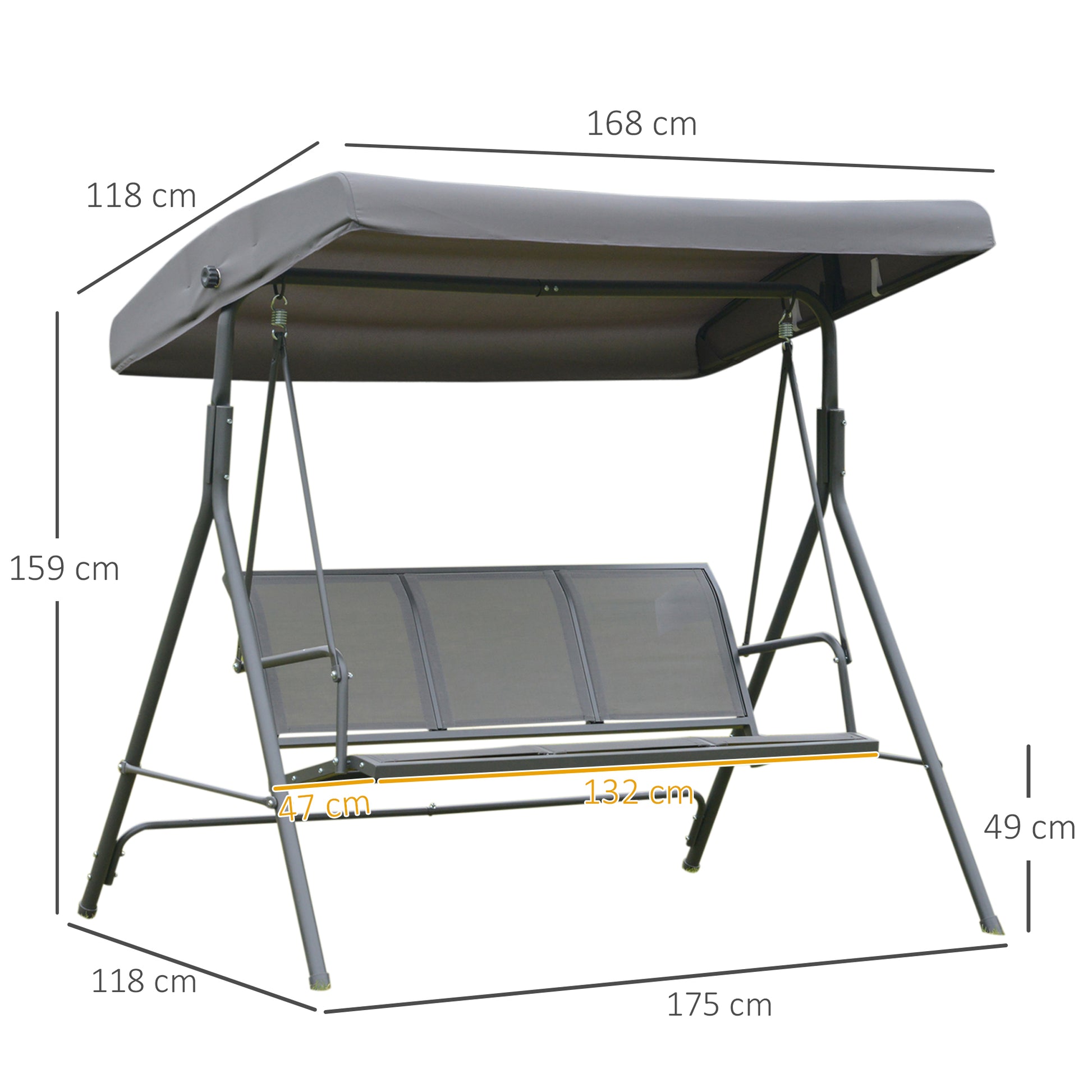 Outsunny Columpio Balancín Jardín de 3 Plazas con Techo Parasol Ajustable Respaldo Transpirable y Marco de Acero para Terraza Balcón Exterior 175x118x159 cm Gris