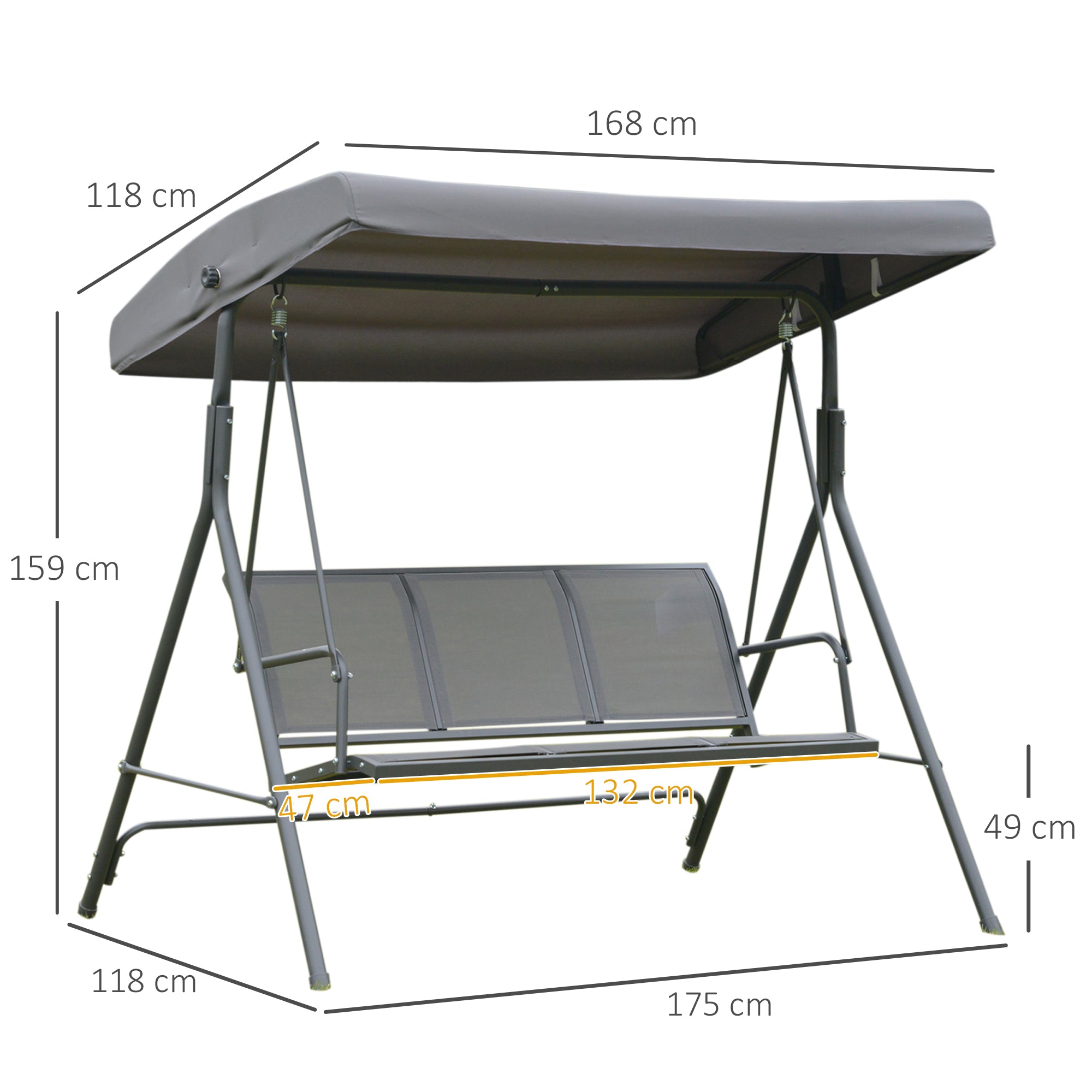 Outsunny Columpio Balancín Jardín de 3 Plazas con Techo Parasol Ajustable Respaldo Transpirable y Marco de Acero para Terraza Balcón Exterior 175x118x159 cm Gris