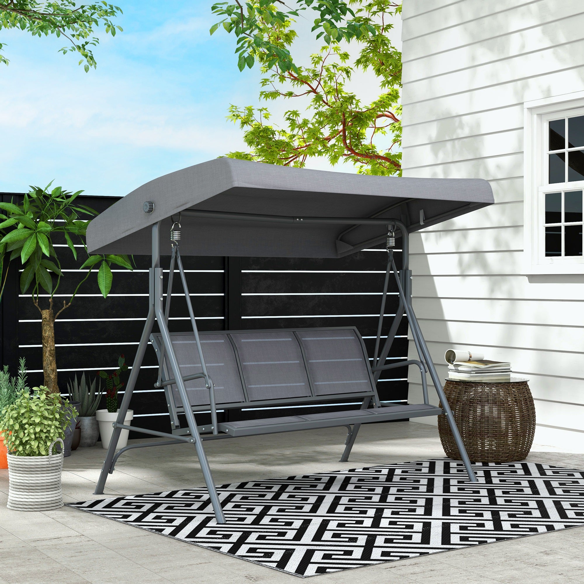 Outsunny Columpio Balancín Jardín de 3 Plazas con Techo Parasol Ajustable Respaldo Transpirable y Marco de Acero para Terraza Balcón Exterior 175x118x159 cm Gris