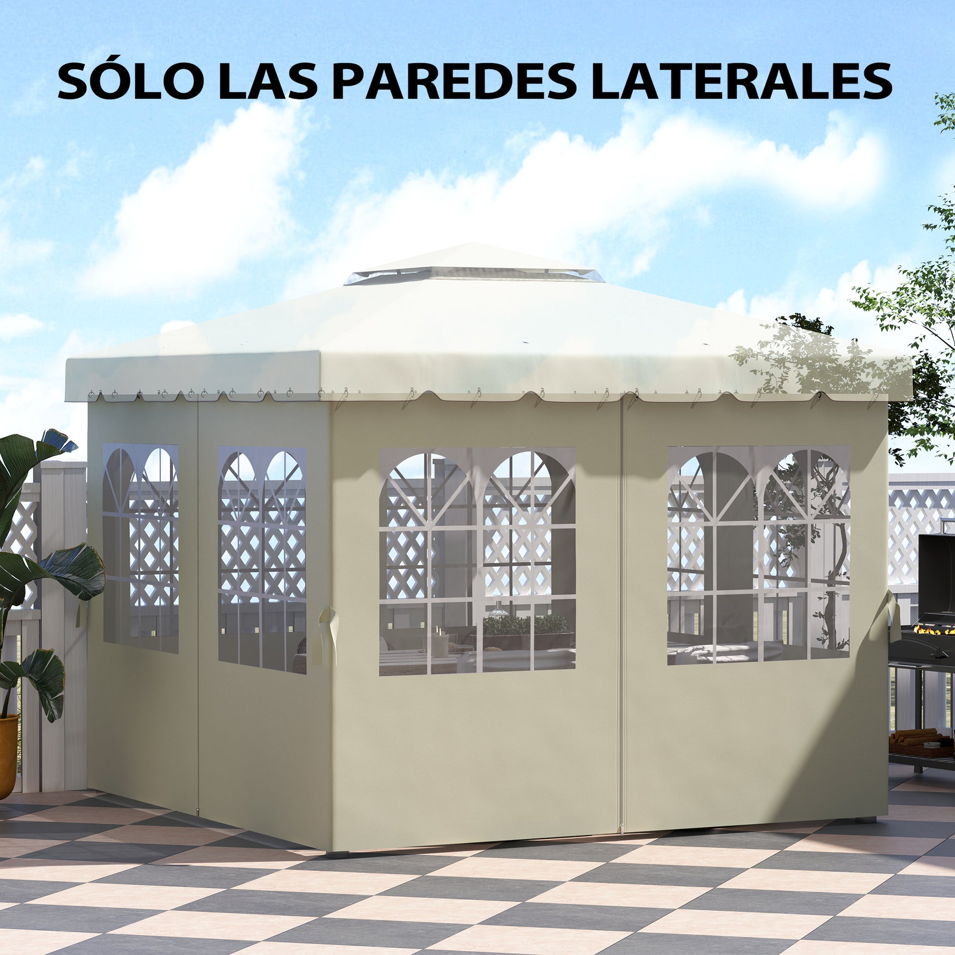 Outsunny 4 Paredes Laterales para Cenador 3x3 m Laterales de Carpa con Ganchos 8 Ventanas Protección UV Reemplazo Lateral para Carpa de Jardín Exterior Fiesta Crema