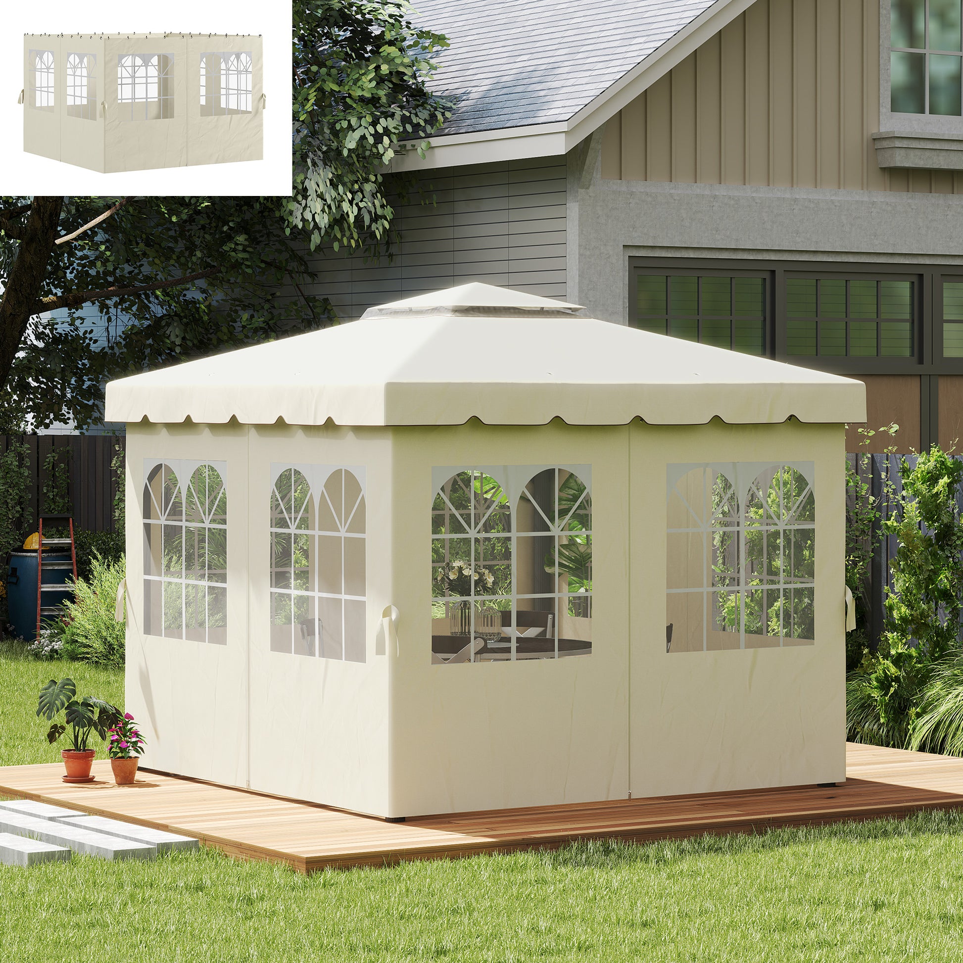 Outsunny 4 Paredes Laterales para Cenador 3x3 m Laterales de Carpa con Ganchos 8 Ventanas Protección UV Reemplazo Lateral para Carpa de Jardín Exterior Fiesta Crema