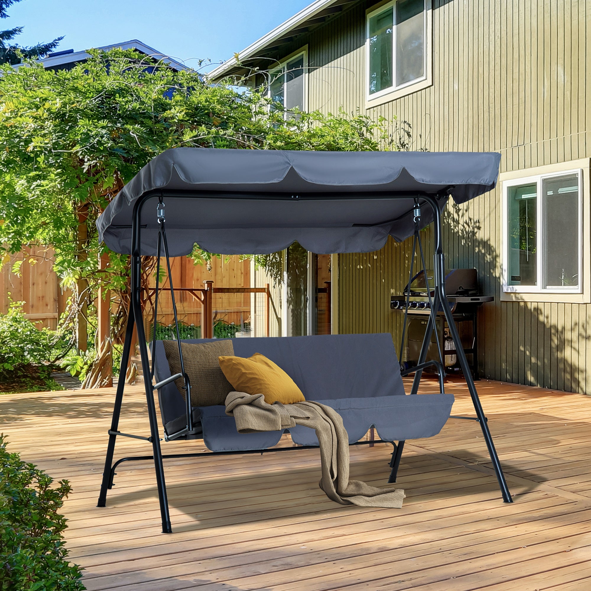 Outsunny Columpio de Jardín de 3 Plazas Silla Balancín con Parasol Techo Ajustable en Ángulo Impermeable para Exterior Terraza Balcón Carga Máx. 200 kg Acero 172x110x153 cm Gris