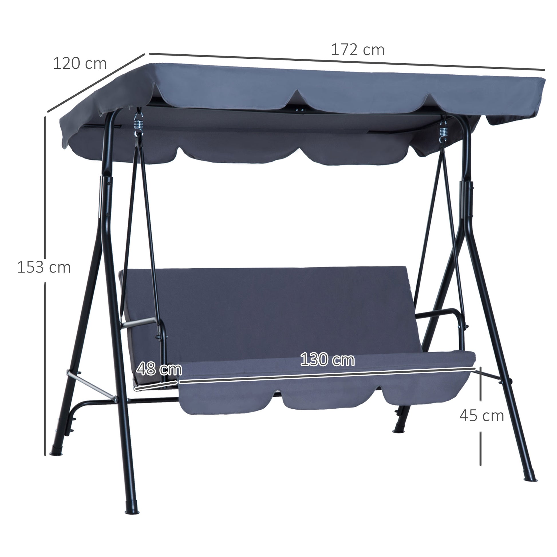 Outsunny Columpio de Jardín de 3 Plazas Silla Balancín con Parasol Techo Ajustable en Ángulo Impermeable para Exterior Terraza Balcón Carga Máx. 200 kg Acero 172x110x153 cm Gris