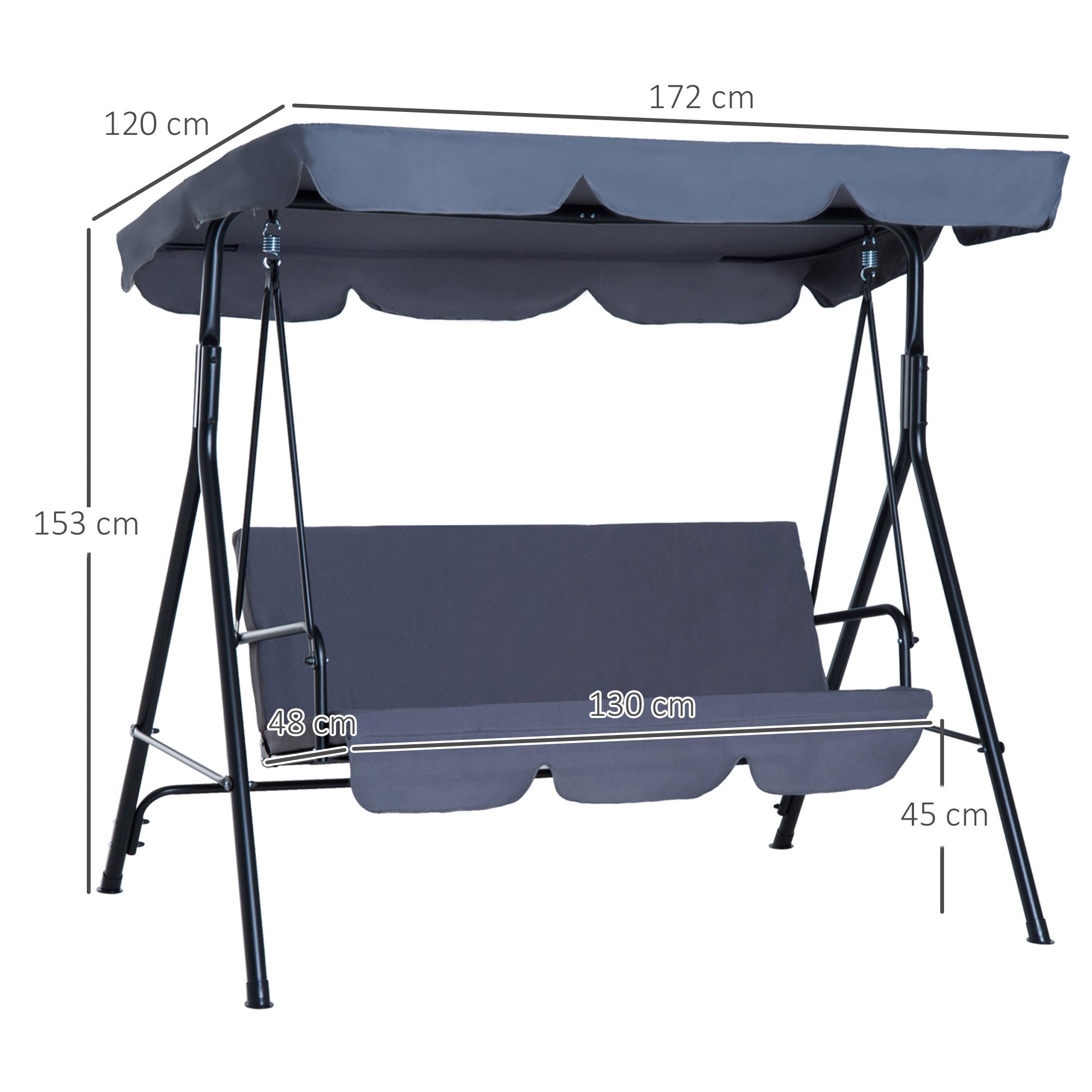 Outsunny Columpio de Jardín de 3 Plazas Silla Balancín con Parasol Techo Ajustable en Ángulo Impermeable para Exterior Terraza Balcón Carga Máx. 200 kg Acero 172x110x153 cm Gris