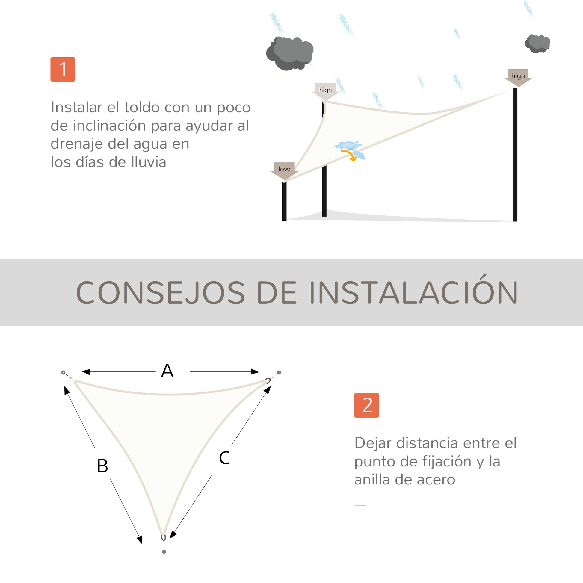 Outsunny Toldo de Vela 4x4x4 m Vela de Sombra Triangular Tela de Poliéster Anti-UV para Jardín Playa Camping Sombra Exterior Crema
