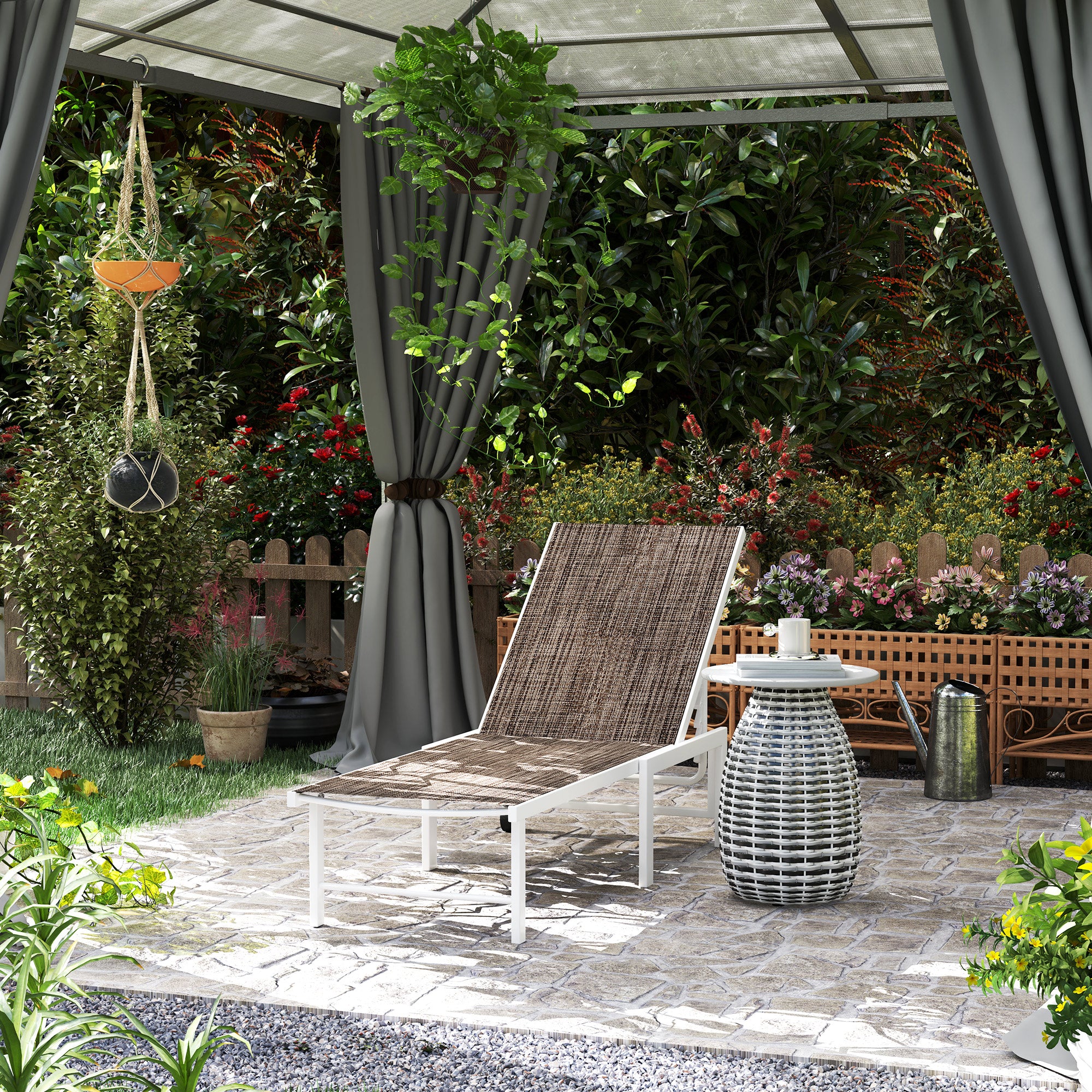 Outsunny Tumbona Reclinable Tumbona Jardín Exterior con Ruedas Respaldo Ajustable en 5 Niveles y Estructura de Acero Carga 120 kg para Patio Terraza Balcón 166x60x84 cm Marrón