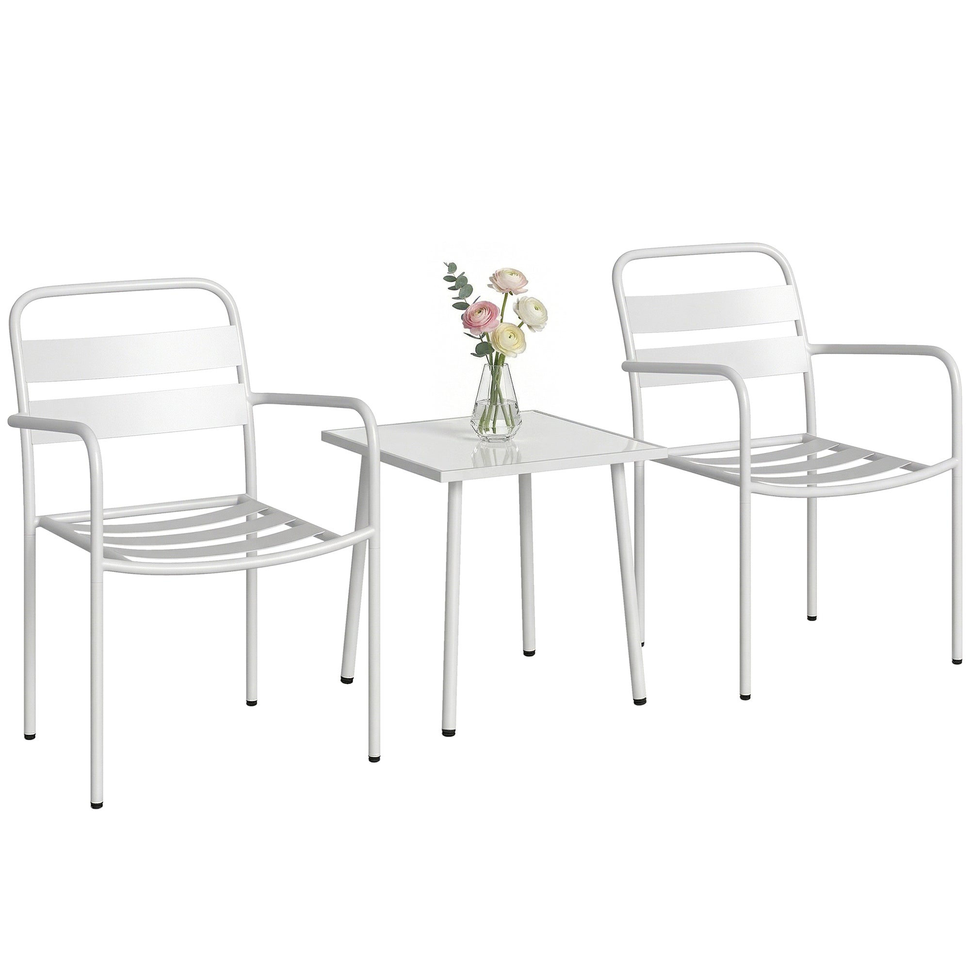 Outsunny Conjunto de Jardín Exterior de 3 Piezas, Muebles Jardín Exterior de Acero Galvanizado con 2 Sillas y Mesa de Vidrio Templado, Resistente a la Intemperie, para Balcón, Patio, Blanco