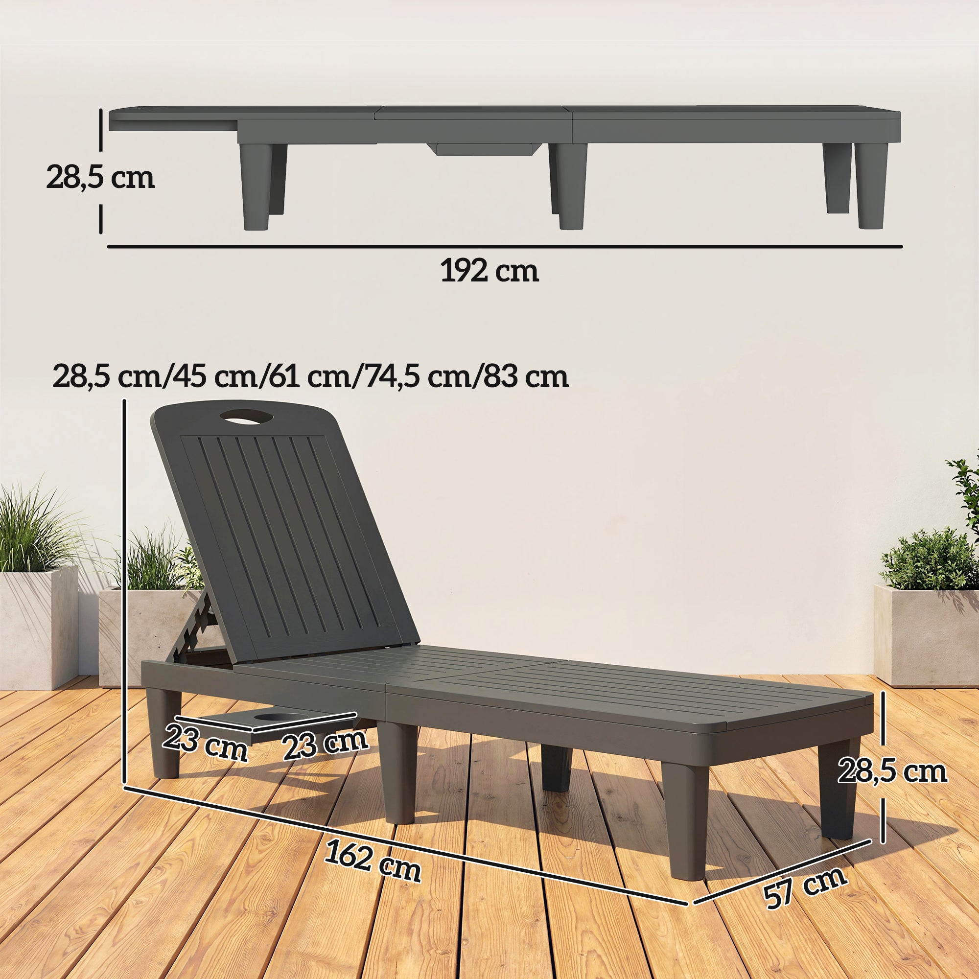 Outsunny Pack de 2 Tumbonas de Jardín Exterior, Tumbonas Reclinables de Plástico PP con Bandeja Lateral, Respaldo Ajustable de 5 Niveles, Resistentes a la Intemperie, para Playa, Piscina, Gris